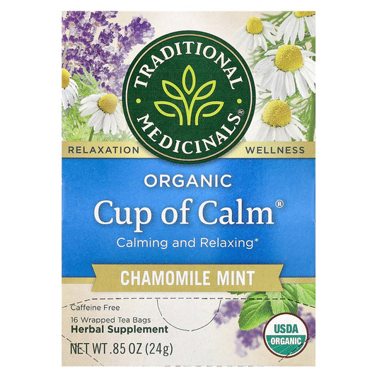 Traditional Medicinals, Organic Cup of Calm, Chamomile Mint, Caffeine Free, 16 Wrapped Tea Bags, 0.85 oz (24 g) - Image 1