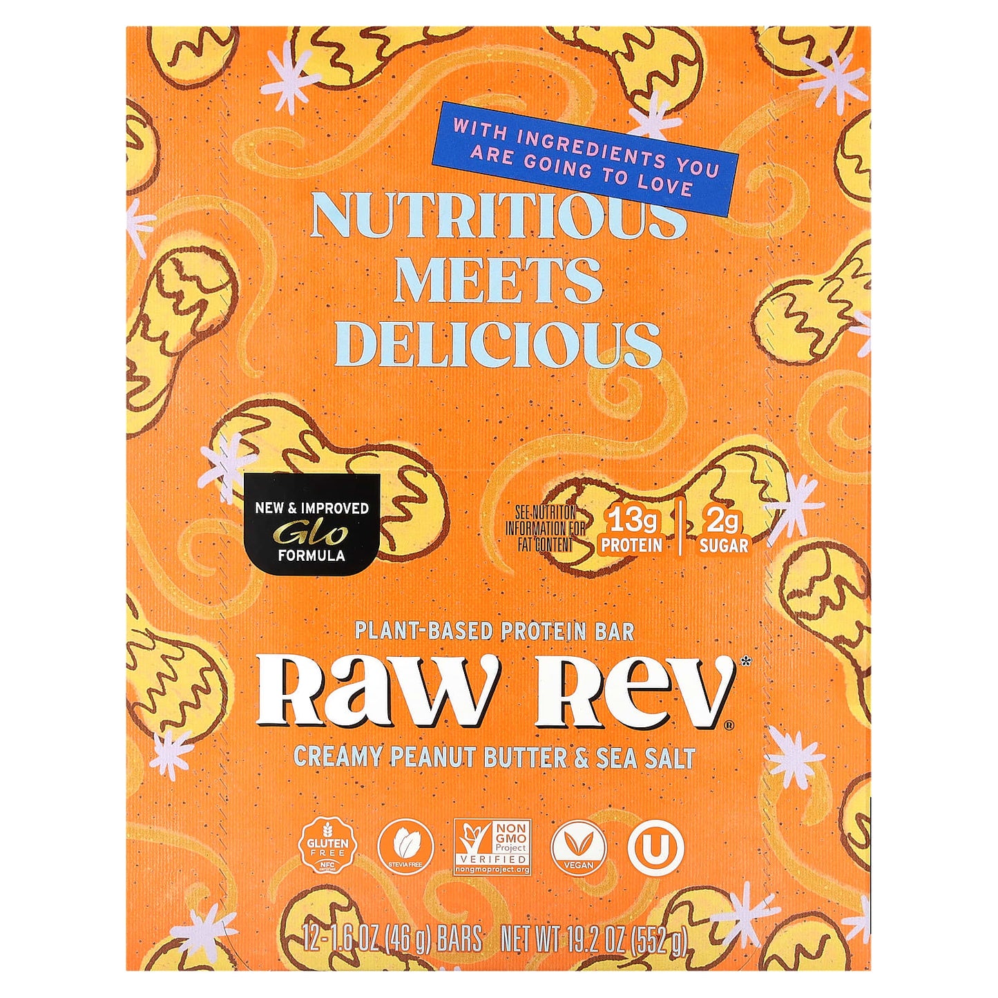 Raw Rev, Plant-Based Protein Bar, Creamy Peanut Butter & Sea Salt, 12 Bars, 1.6 oz (46 g) Each - Image 1