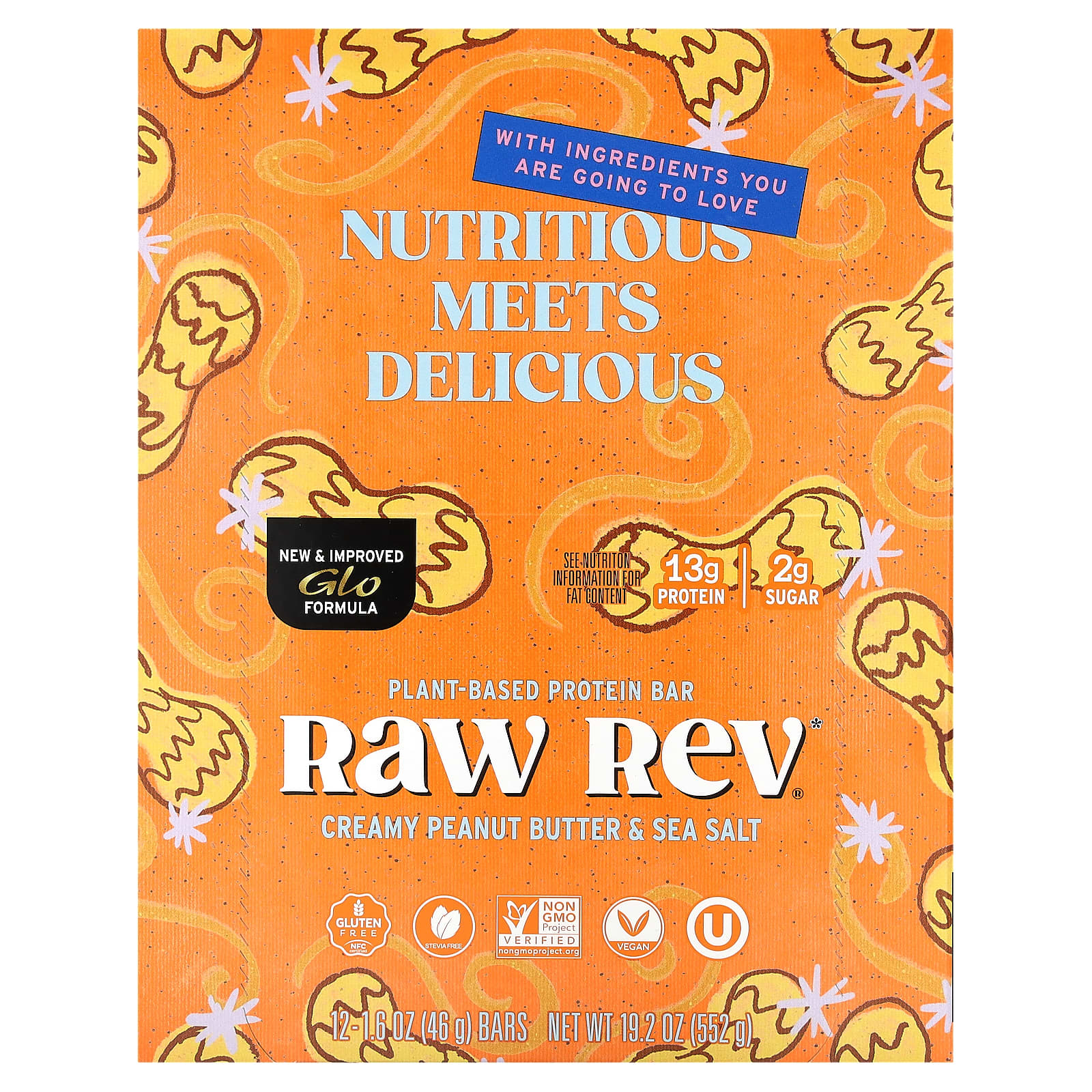 Raw Rev, Plant-Based Protein Bar, Creamy Peanut Butter & Sea Salt, 12 Bars, 1.6 oz (46 g) Each - Image 1