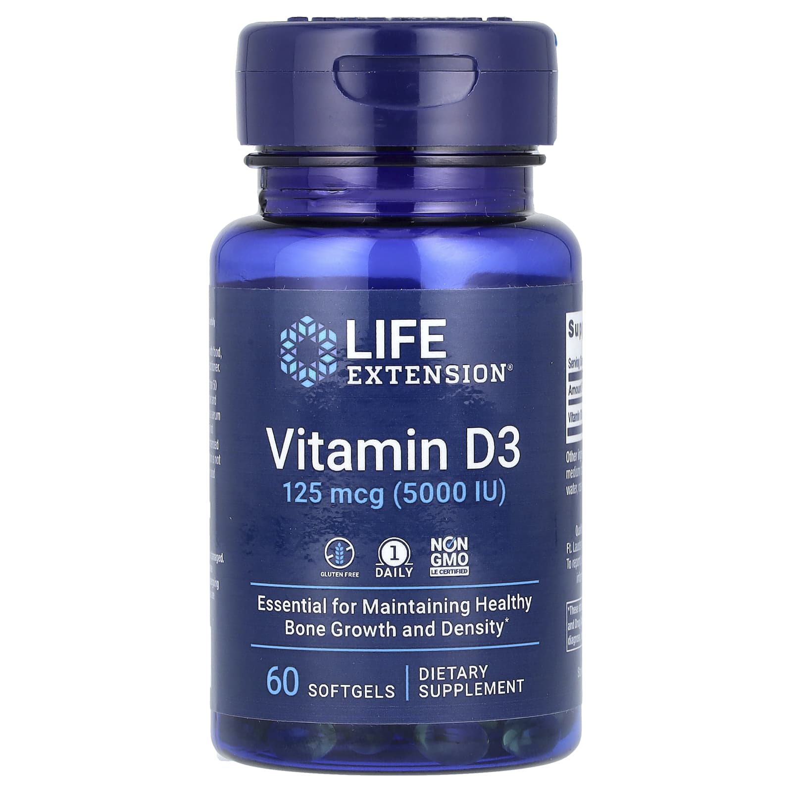 Life Extension, Vitamin D3, 125 mcg (5,000 IU), 60 Softgels - Image 1