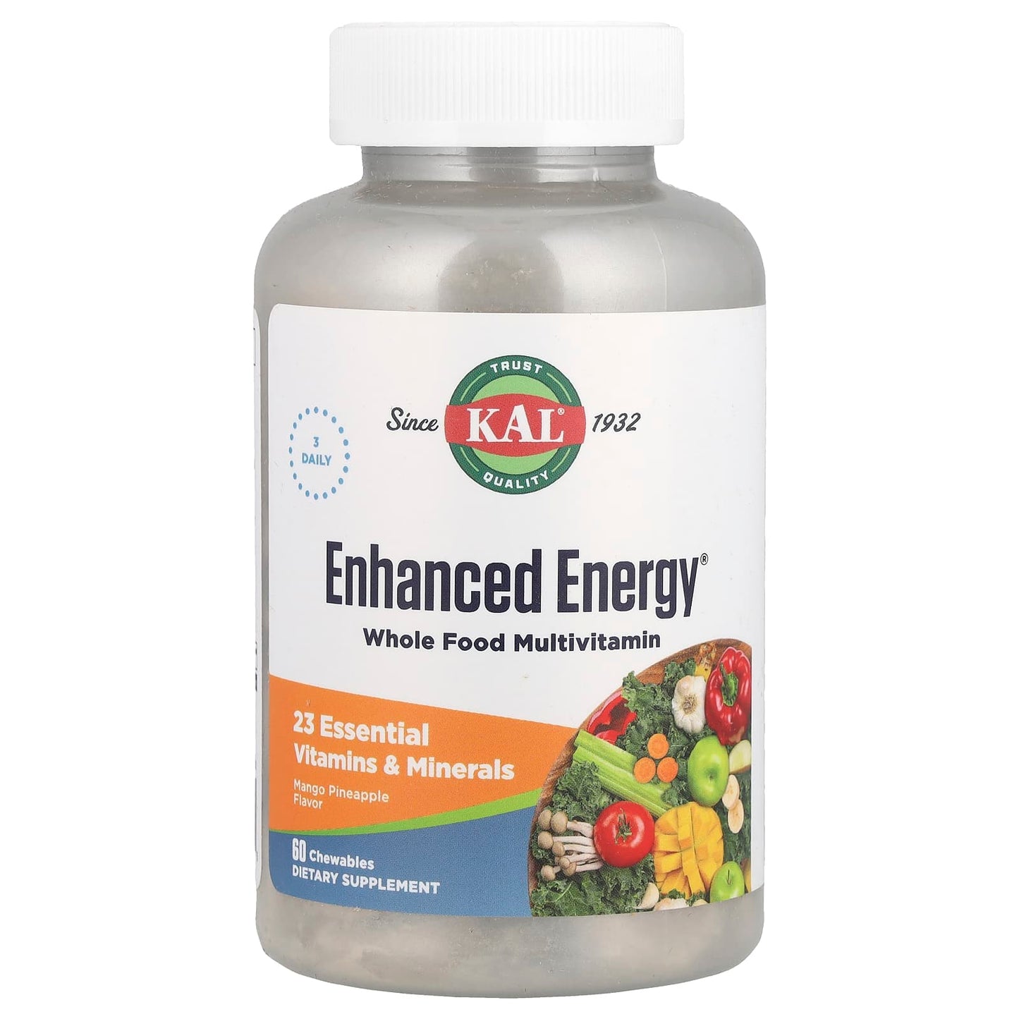 KAL, Enhanced Energy, Whole Food Multivitamin, Mango Pineapple, 60 Chewables - Image 1