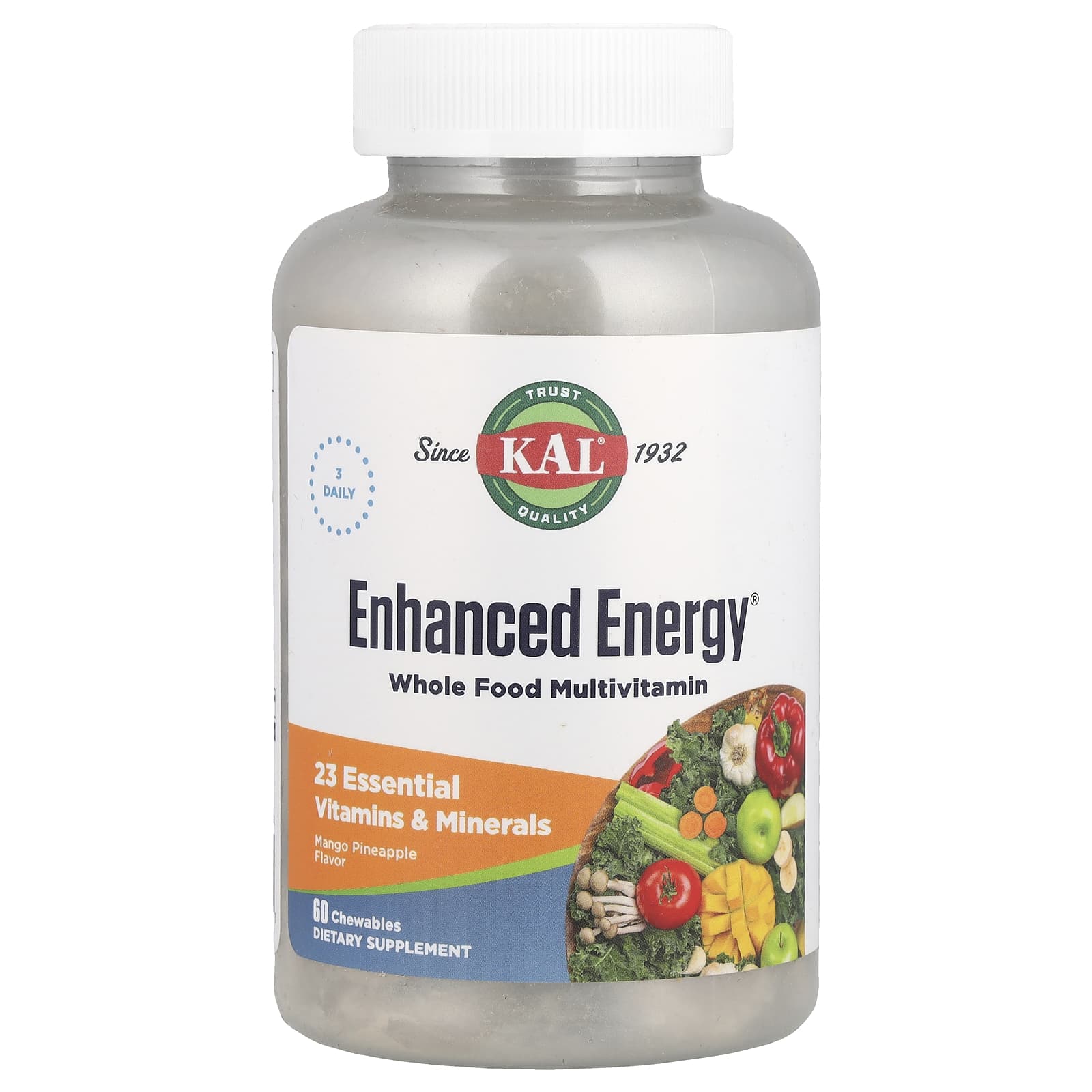 KAL, Enhanced Energy, Whole Food Multivitamin, Mango Pineapple, 60 Chewables - Image 1
