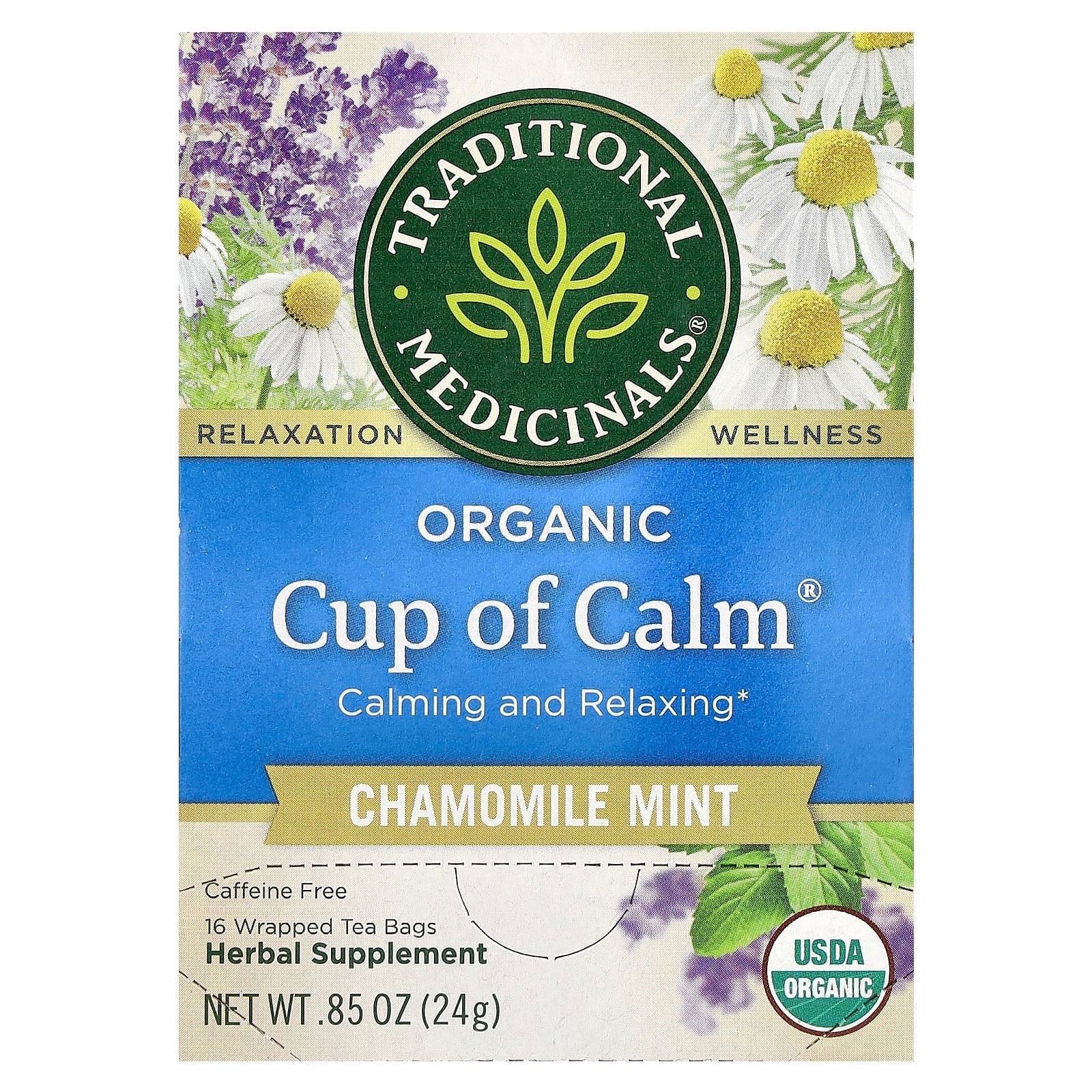 Traditional Medicinals, Organic Cup of Calm, Chamomile Mint, Caffeine Free, 16 Wrapped Tea Bags, 0.85 oz (24 g) - Image 1