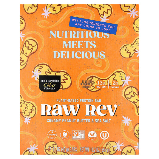 Raw Rev, Plant-Based Protein Bar, Creamy Peanut Butter & Sea Salt, 12 Bars, 1.6 oz (46 g) Each - Image 1