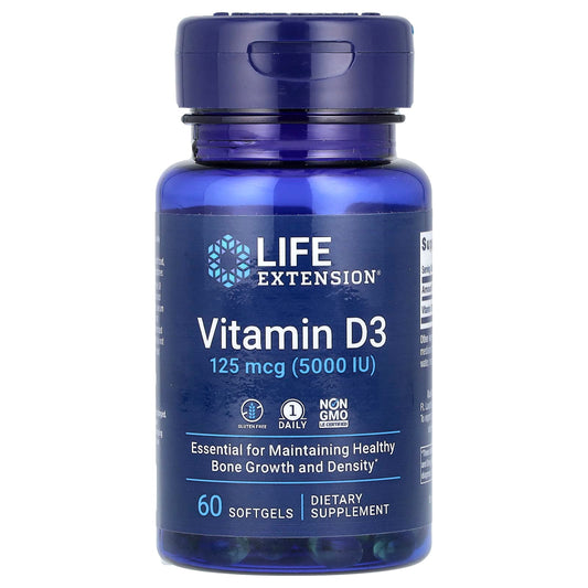 Life Extension, Vitamin D3, 125 mcg (5,000 IU), 60 Softgels - Image 1