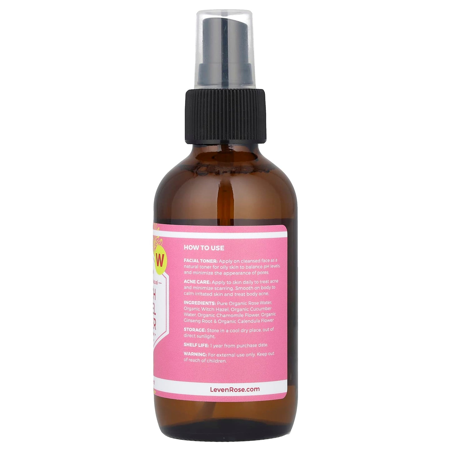 Leven Rose, 100% Organic & Natural, Witch Hazel Toner, 4 fl oz (118 ml) - Image 2