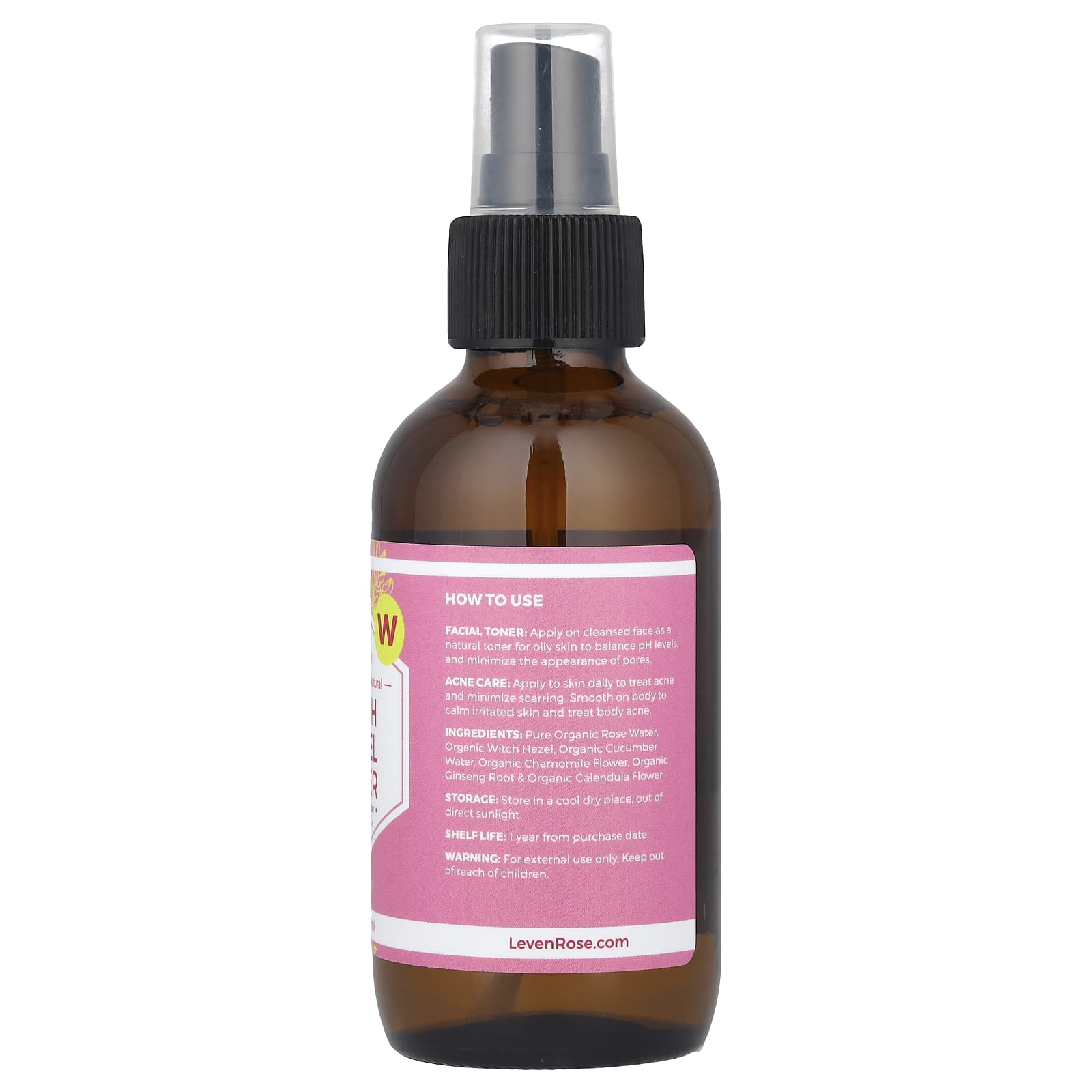 Leven Rose, 100% Organic & Natural, Witch Hazel Toner, 4 fl oz (118 ml) - Image 2