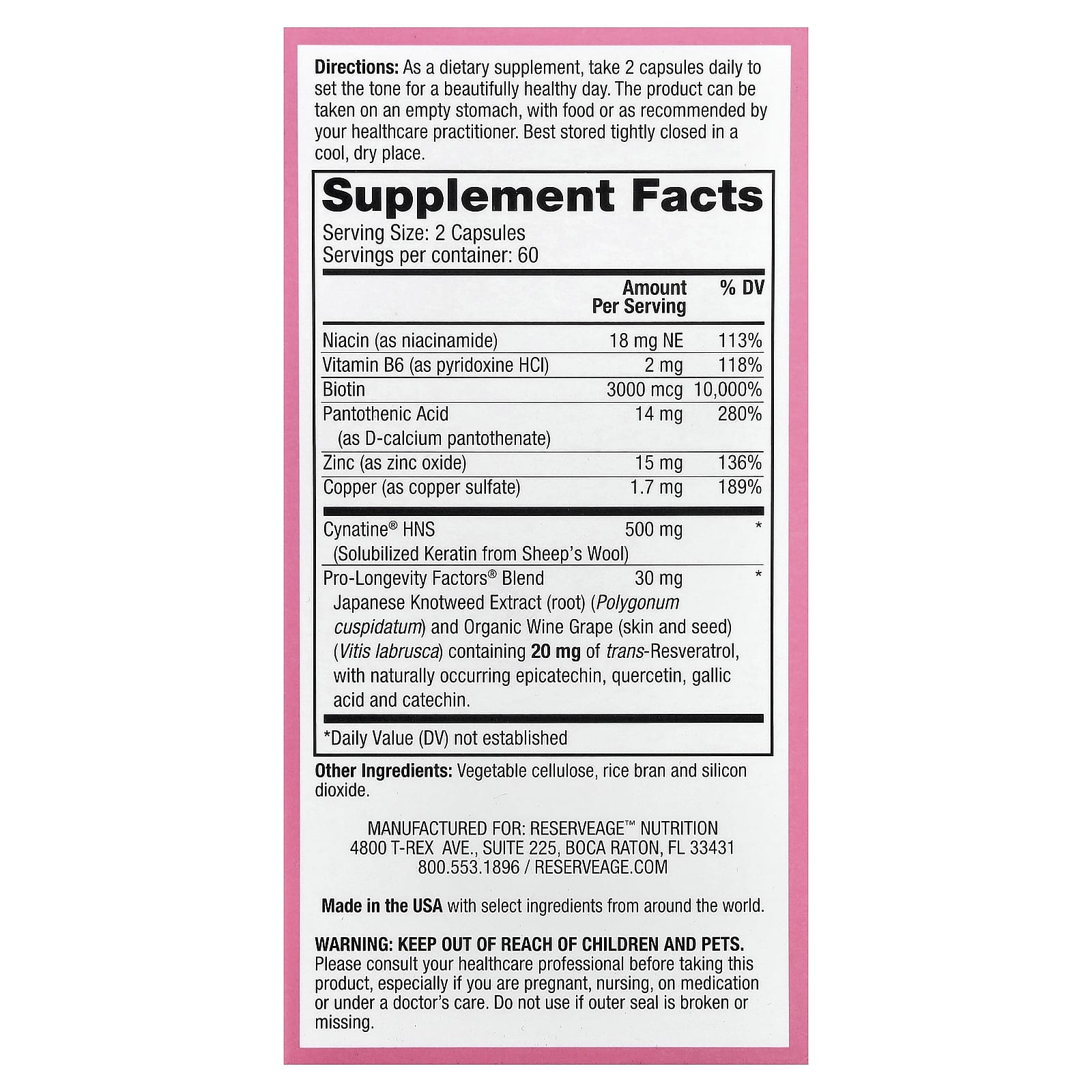 Reserveage Beauty, Keratin Hair Booster with Biotin & Resveratrol, 120 Capsules - Image 2