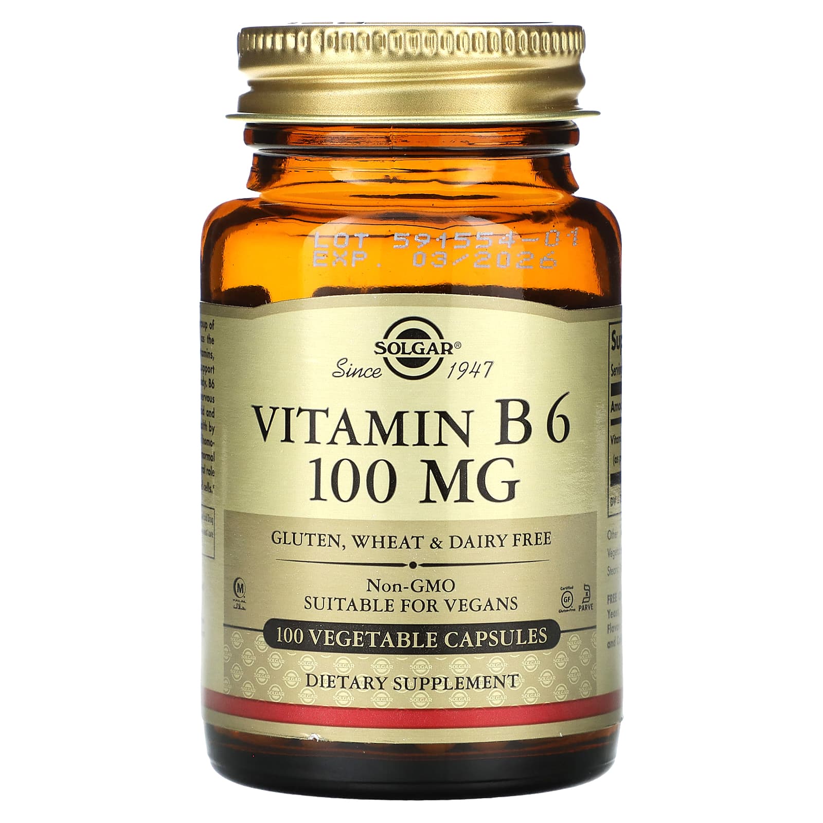 Solgar, Vitamin B6, 100 mg, 100 Vegetable Capsules - Image 1