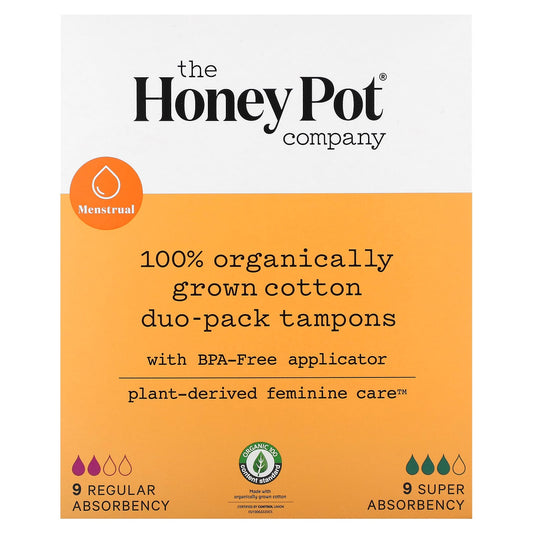 The Honey Pot Company, 100% Organically Grown Cotton Duo-Pack Tampons, Regular and Super Absorbency , 18 Count - Image 1