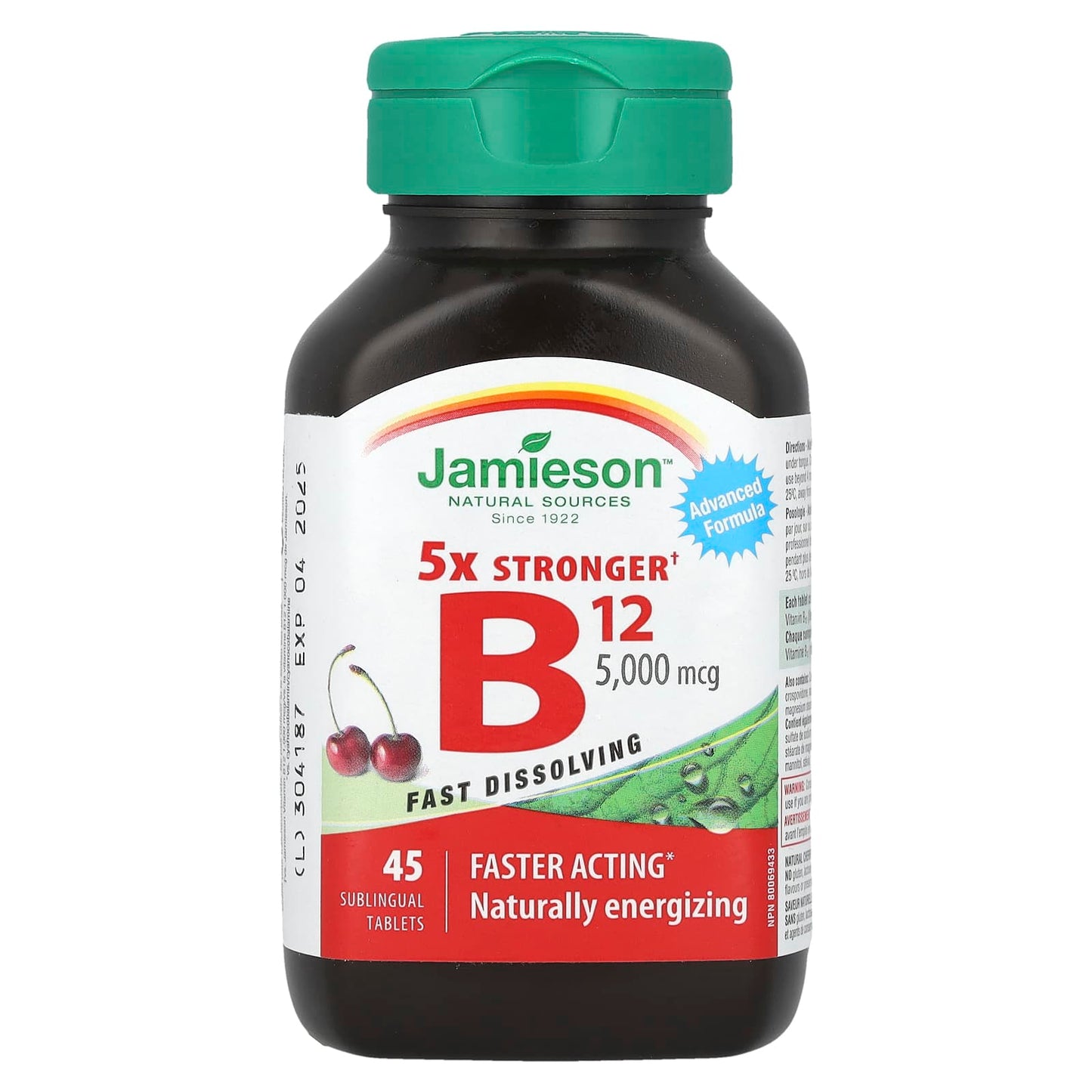 Jamieson Vitamins, 45-Count B12 Sublingual Tablets, 5,000 mcg, Natural Cherry Flavor - Image 1