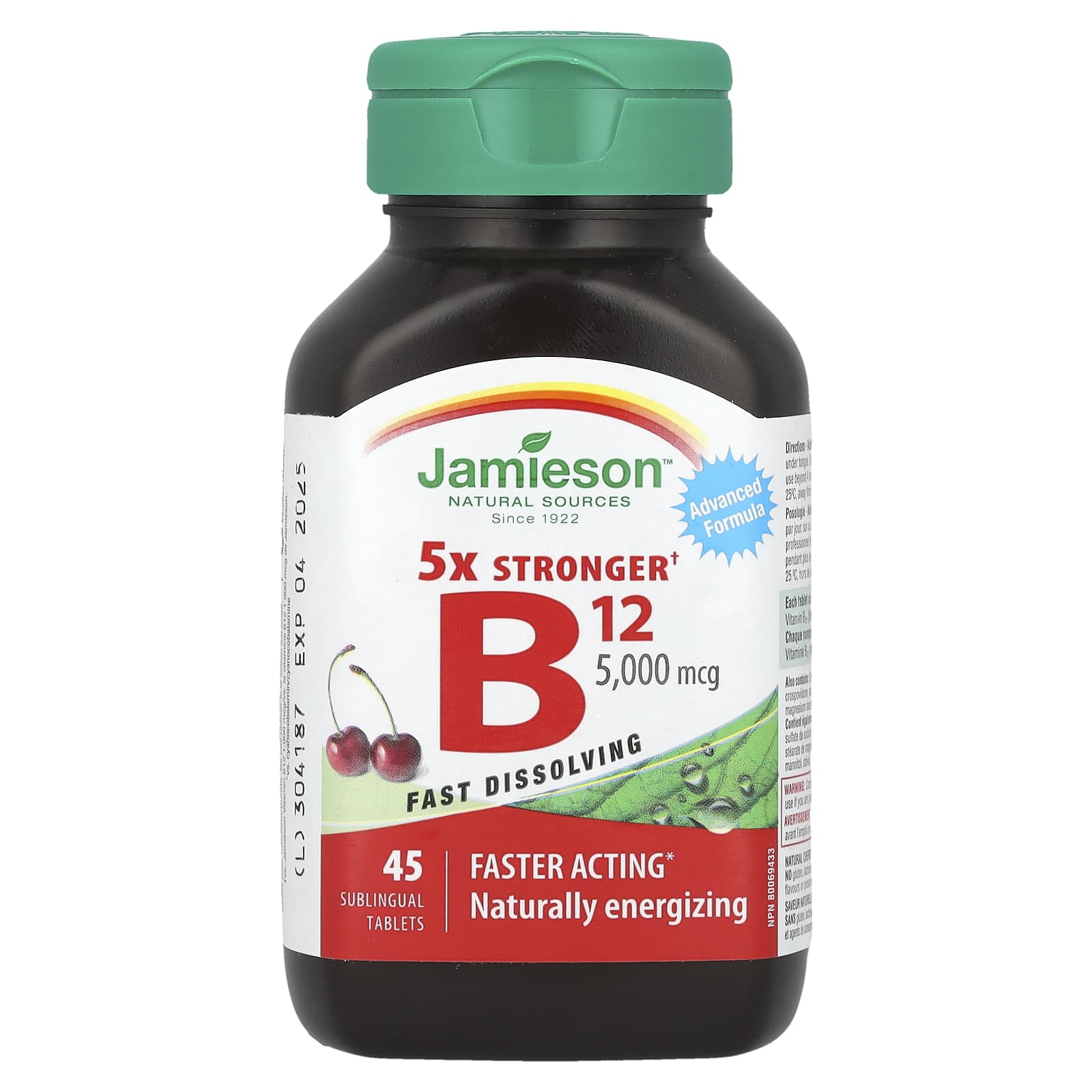 Jamieson Vitamins, 45-Count B12 Sublingual Tablets, 5,000 mcg, Natural Cherry Flavor - Image 1