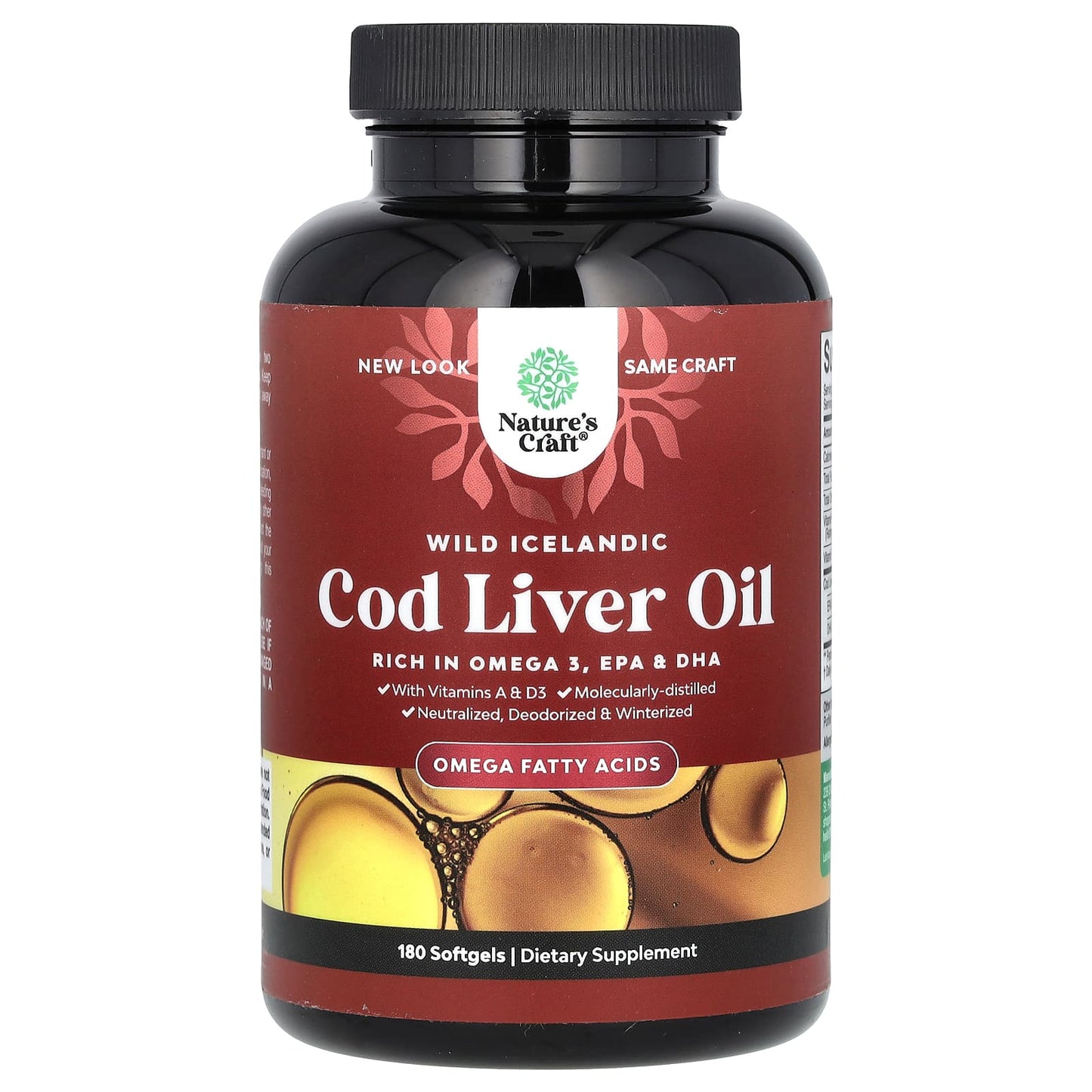 Nature's Craft, Wild Icelandic Cod Liver Oil with Vitamins A & D3, 180 Softgels - Image 1