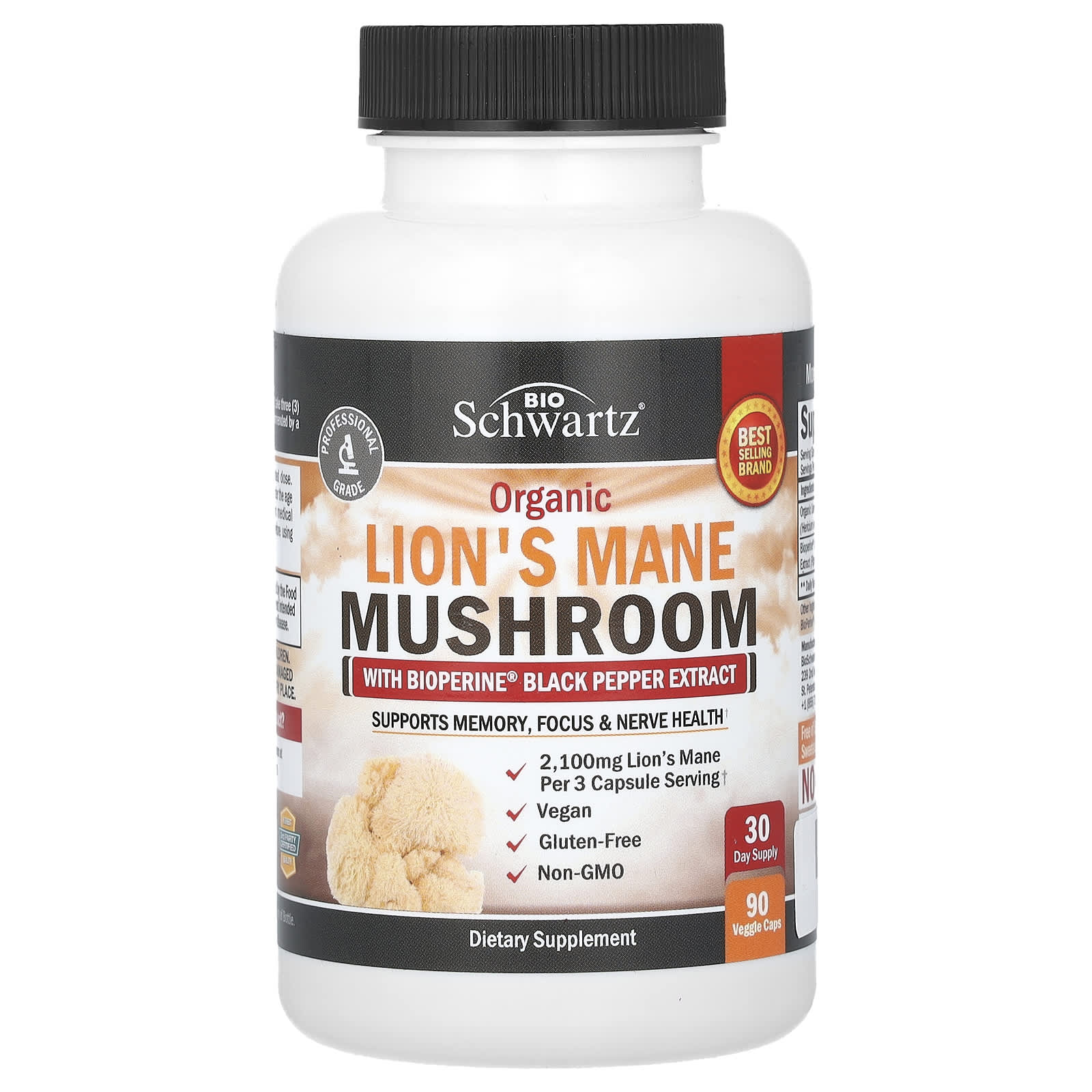 Organic Lion's Mane Mushroom Supplement with BioPerine - 90 Capsules - Image 1
