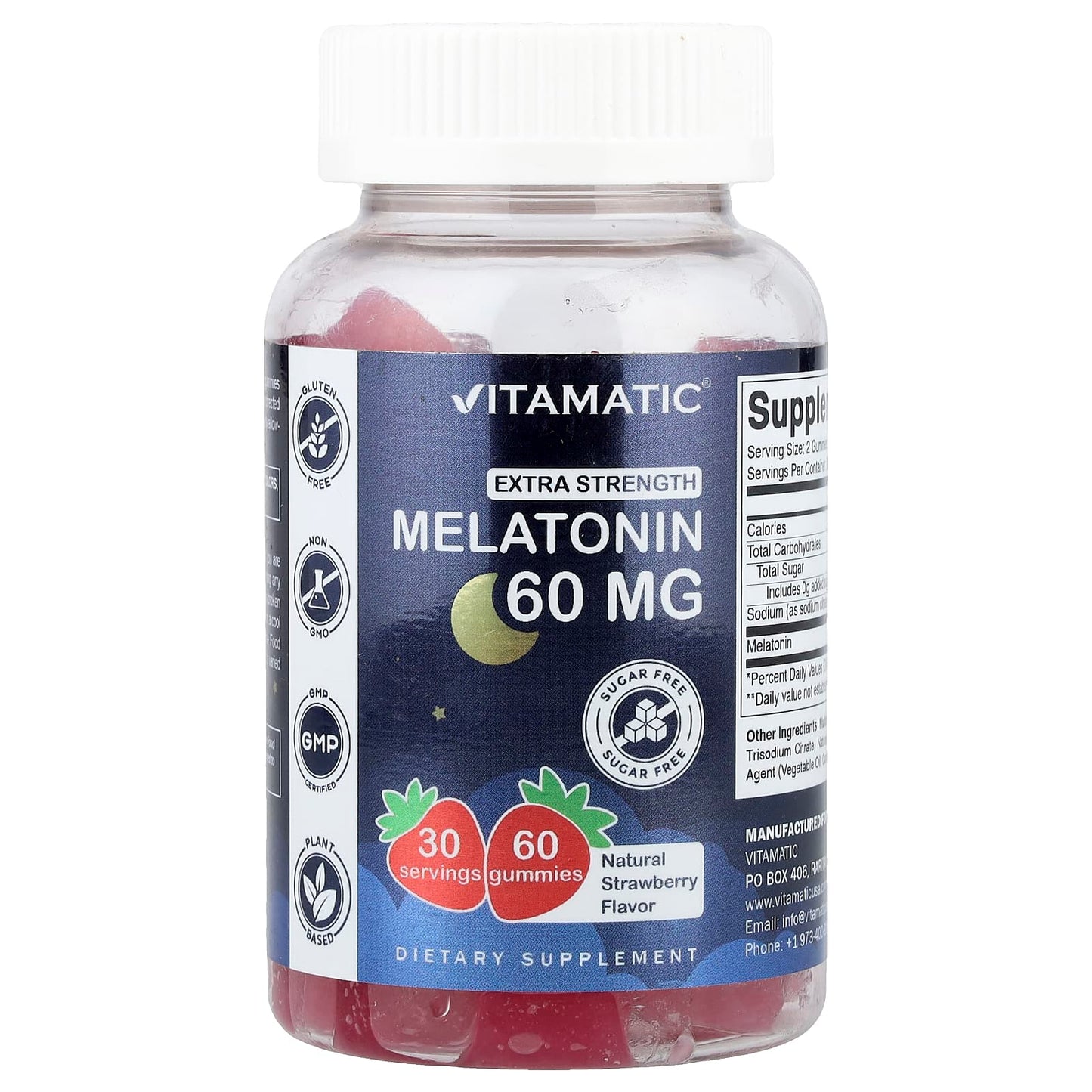 Vitamatic, Extra Strength Melatonin Gummies, Natural Strawberry, Sugar Free, 60 mg, 60 Gummies - Image 1