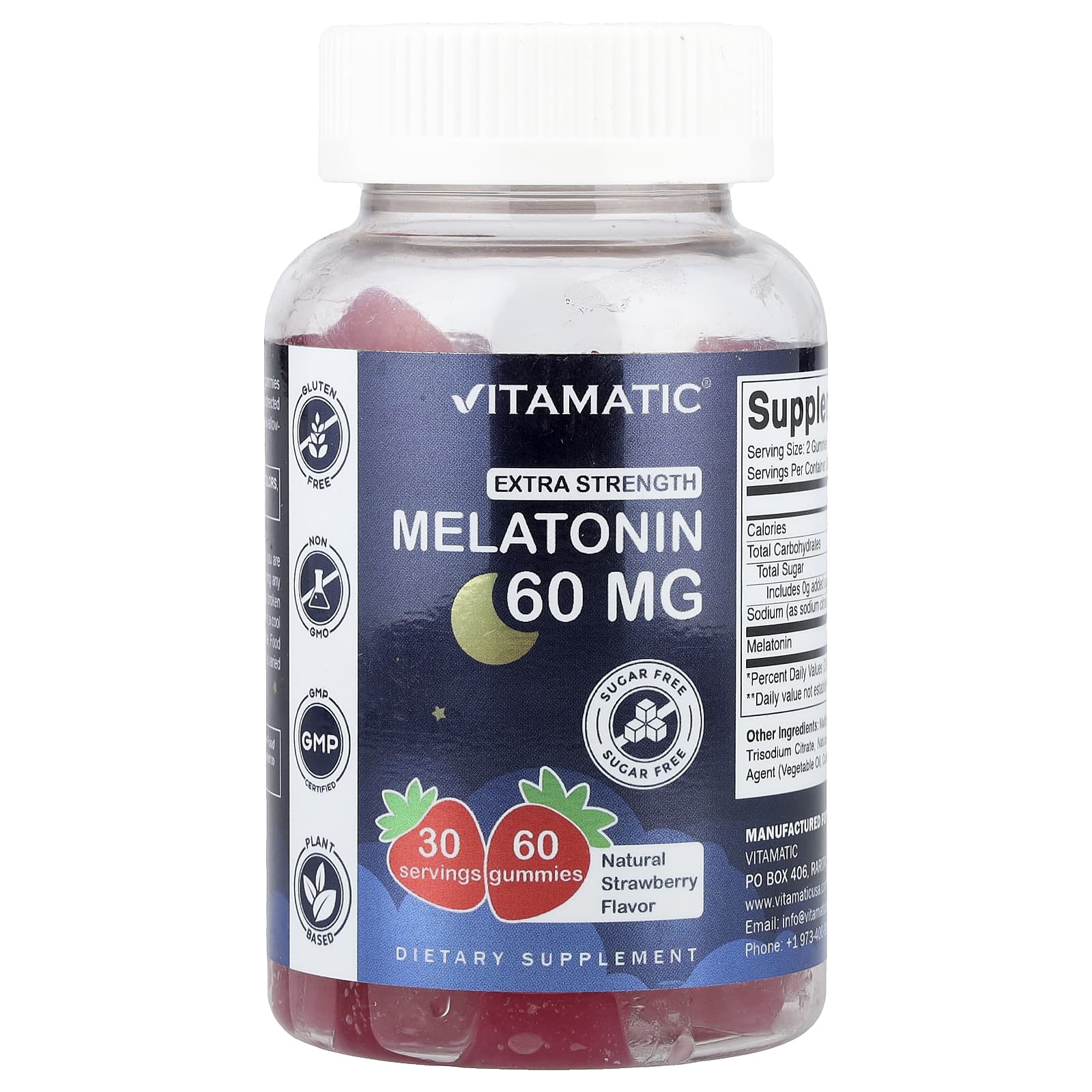 Vitamatic, Extra Strength Melatonin Gummies, Natural Strawberry, Sugar Free, 60 mg, 60 Gummies - Image 1