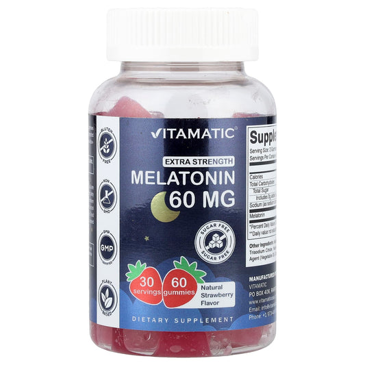 Vitamatic, Extra Strength Melatonin Gummies, Natural Strawberry, Sugar Free, 60 mg, 60 Gummies - Image 1