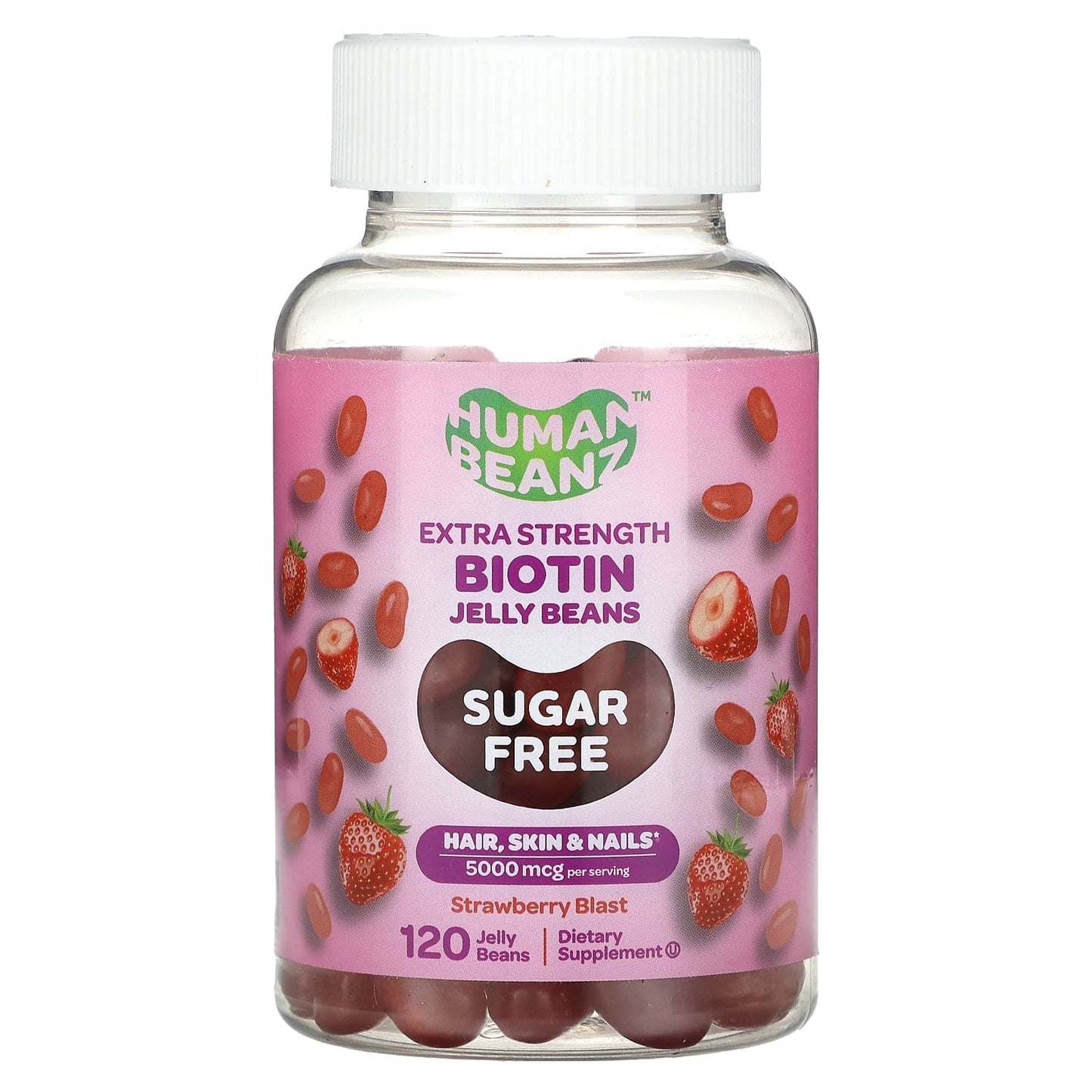 Human Beanz, Biotin Jelly Beans, Extra Strength , Sugar Free, Strawberry Blast, 5,000 mcg, 120 Jelly Beans (2,500 mcg per Jelly Bean)