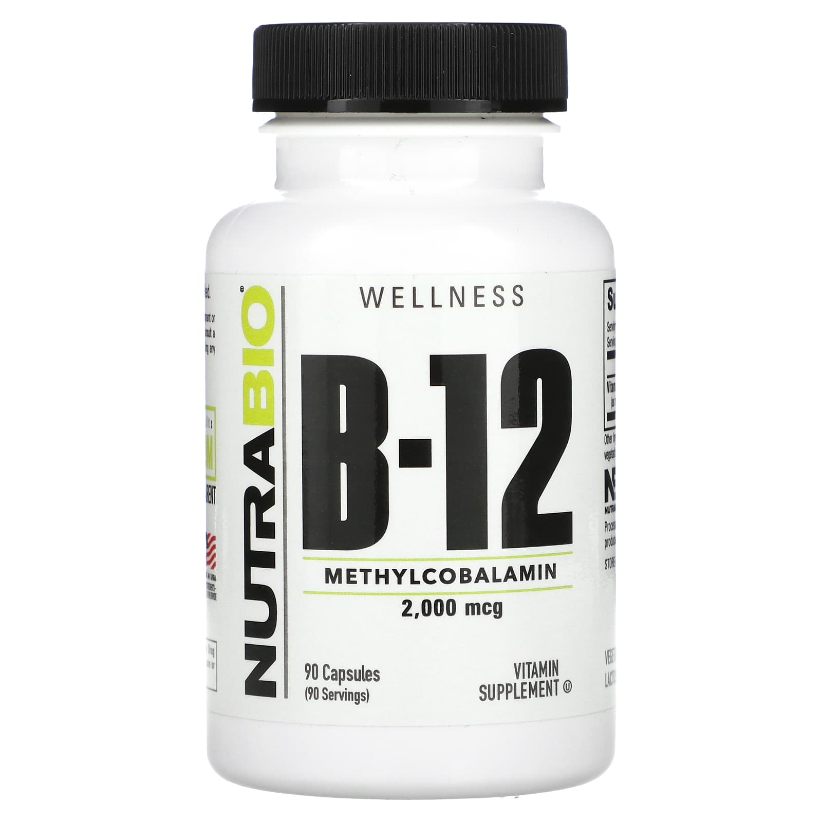 NutraBio, Vitamin B-12, 2,000 mcg, 90 Capsules - Image 1