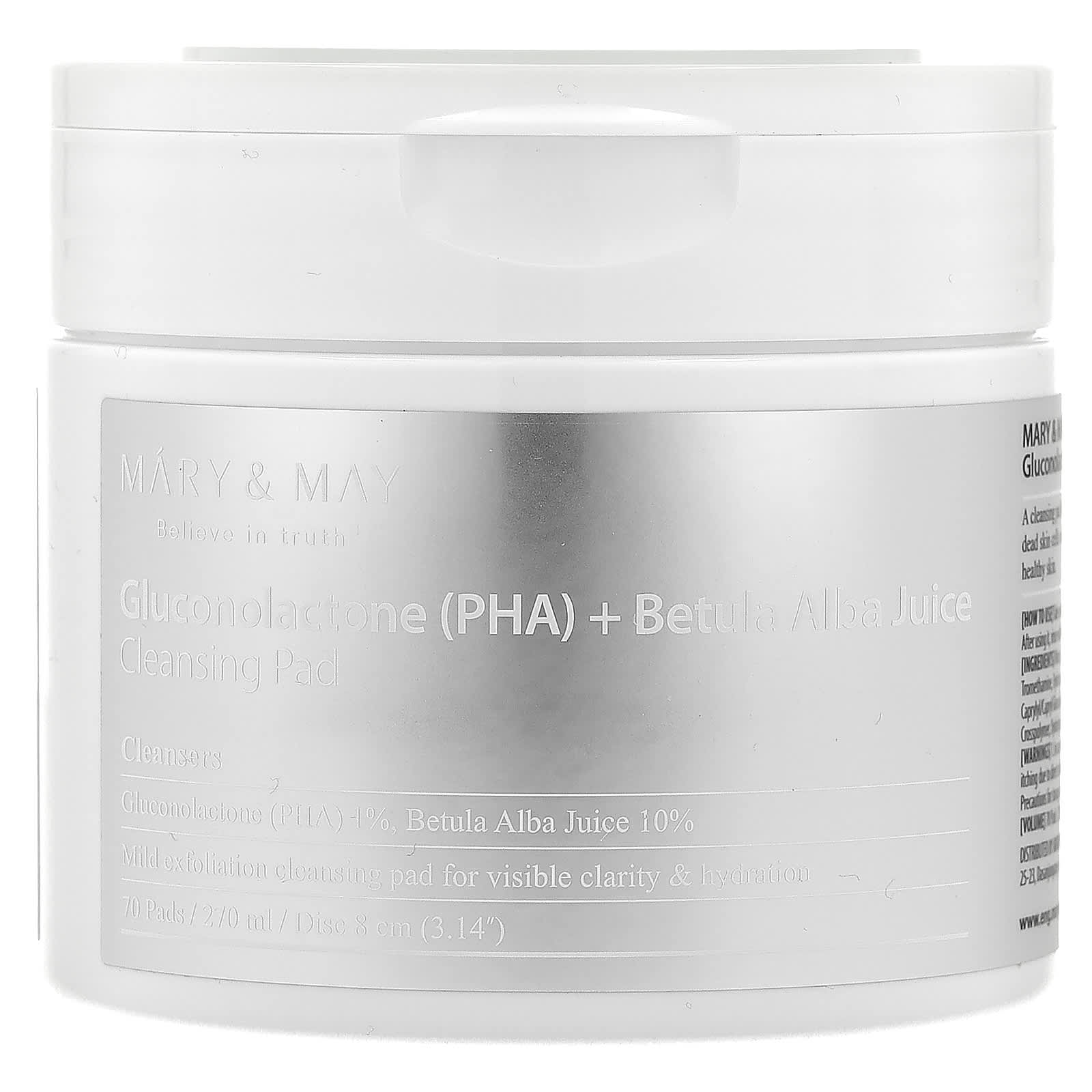 Mary & May, Gluconolactone (PHA) + Betula Alba Juice Cleansing Pad, 70 Pads, 270 ml - Image 1