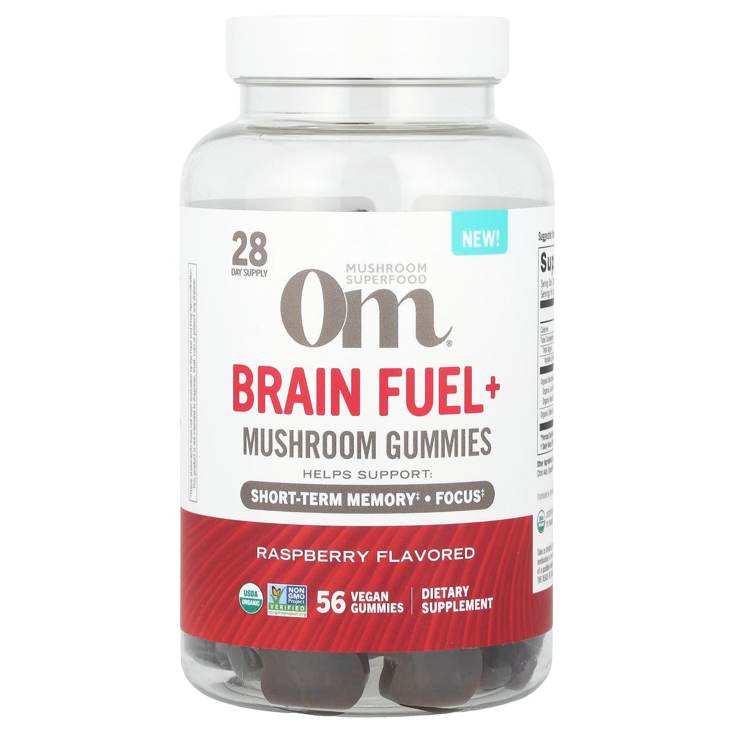 Om Mushrooms, Brain Fuel+ Mushroom Gummies, Raspberry , 56 Vegan Gummies - Image 1