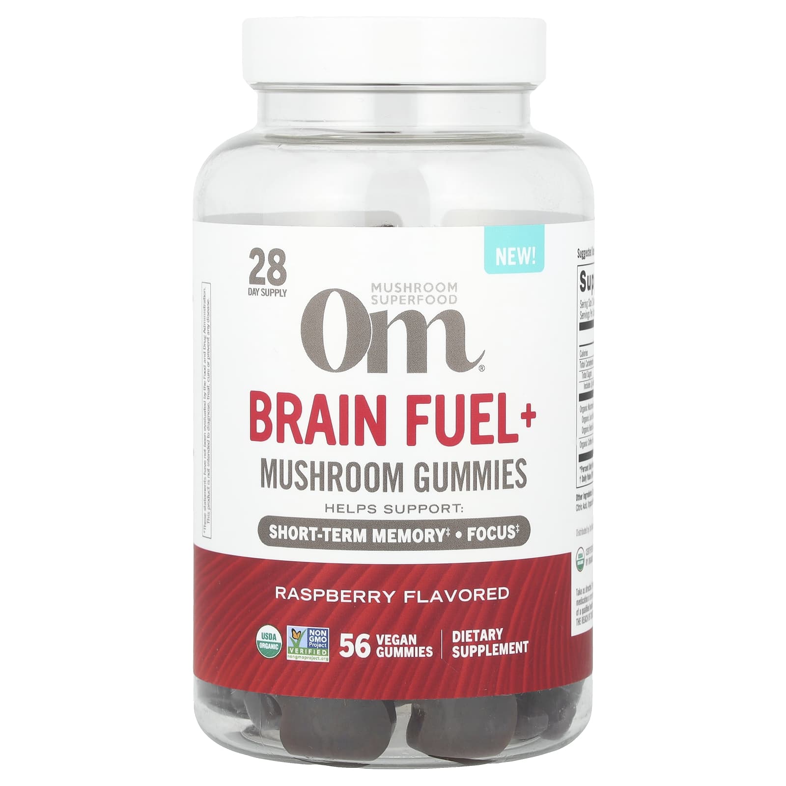 Om Mushrooms, Brain Fuel+ Mushroom Gummies, Raspberry , 56 Vegan Gummies - Image 1