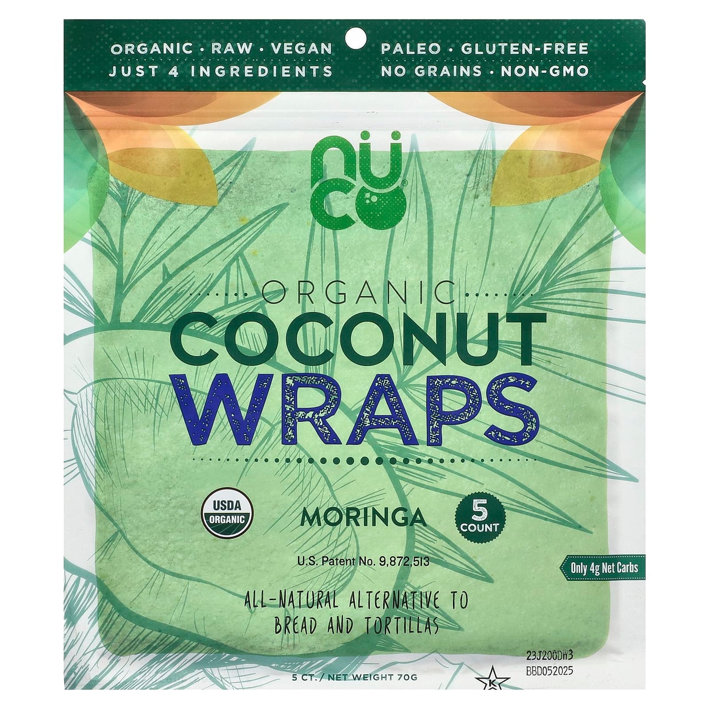 NUCO, Organic Coconut Wraps, Moringa, 5 Wraps, 14 g Each - Image 1