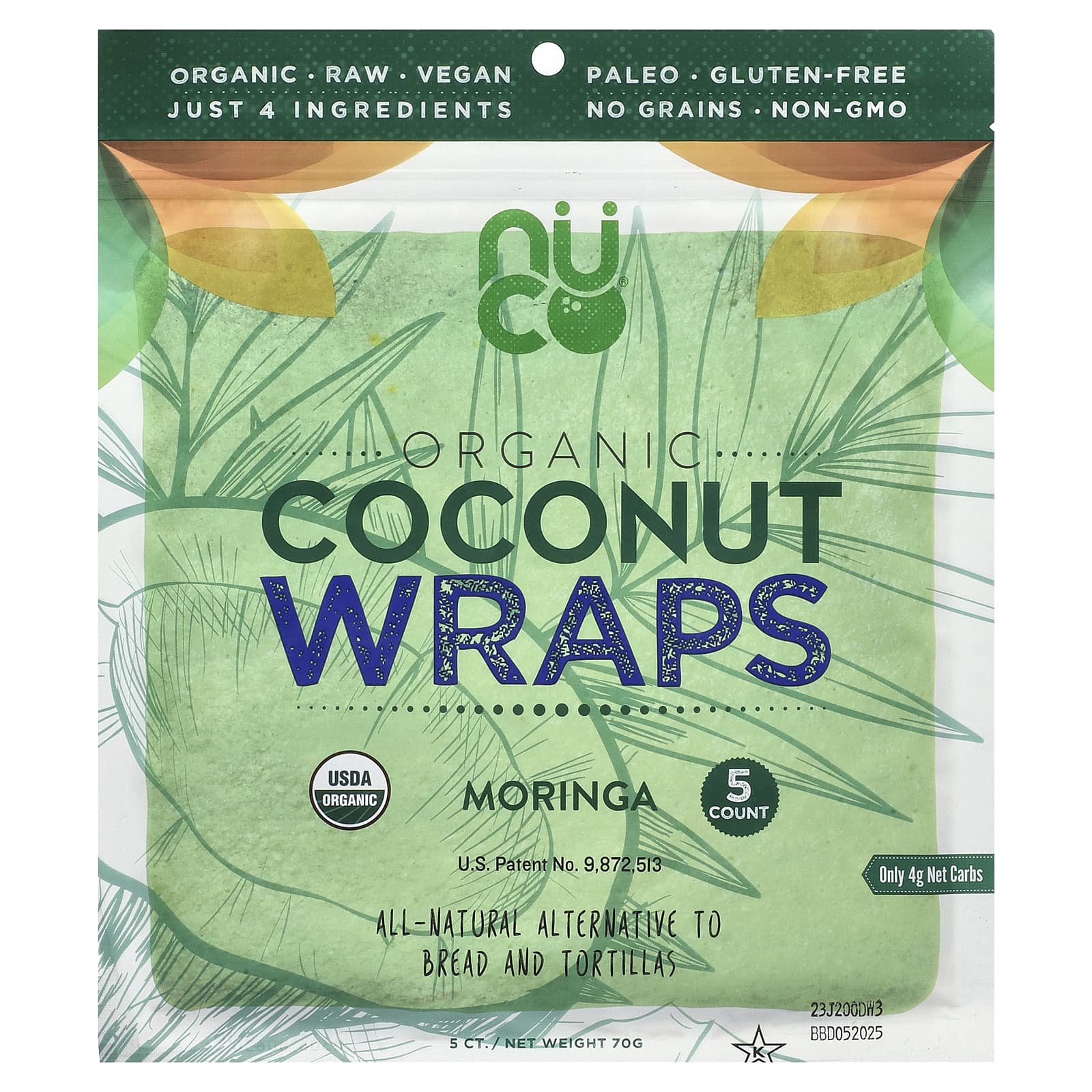 NUCO, Organic Coconut Wraps, Moringa, 5 Wraps, 14 g Each - Image 1