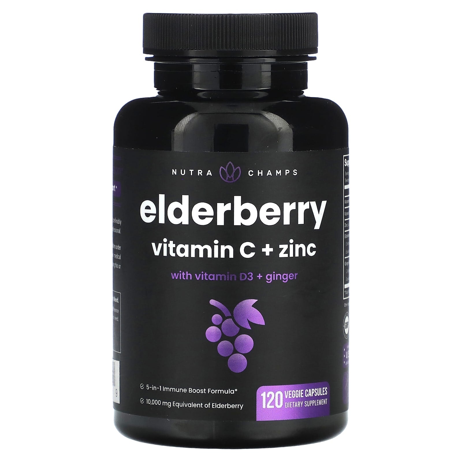NutraChamps, Elderberry Vitamin C + Zinc with Vitamin D3 + Ginger, 120 Veggie Capsules - Image 1