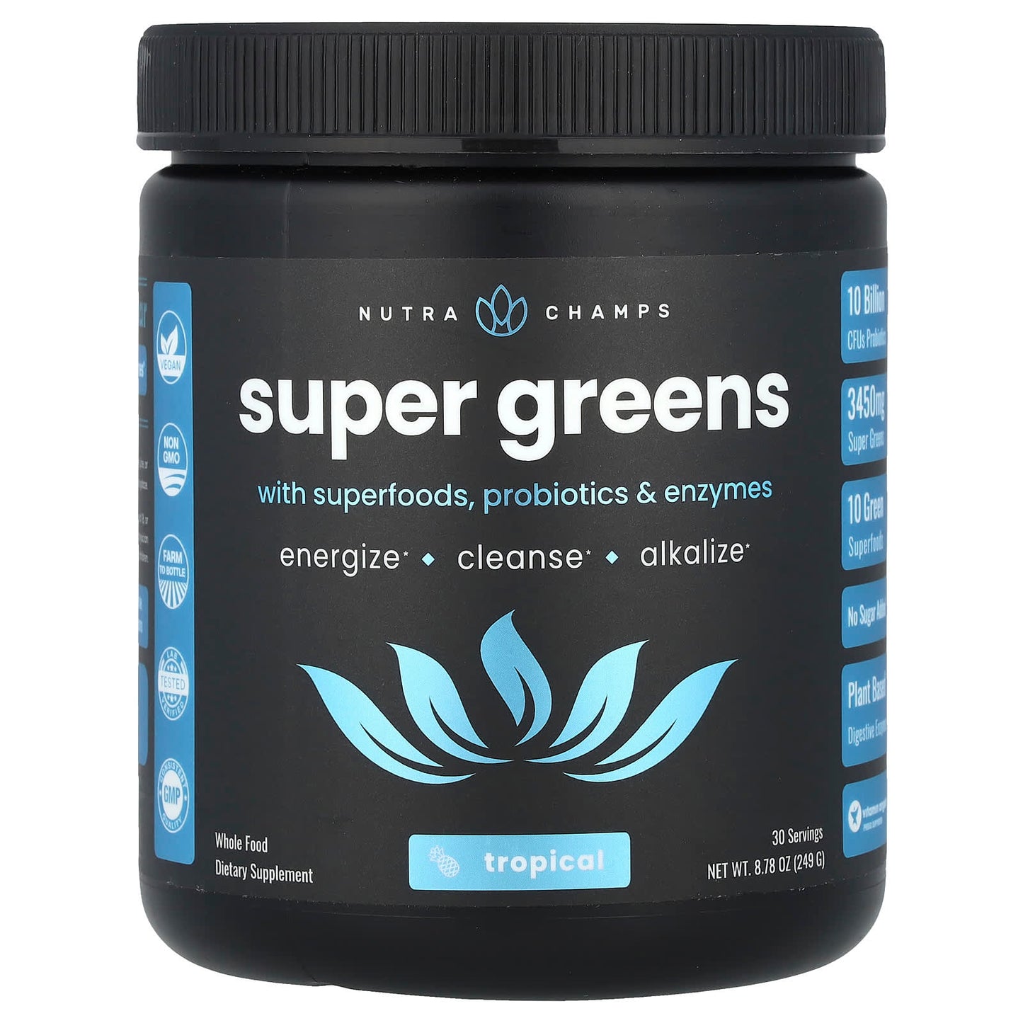 NutraChamps, Super Greens, With Superfoods, Probiotics & Enzymes, Tropical, 8.87 oz (249 g) - Image 1
