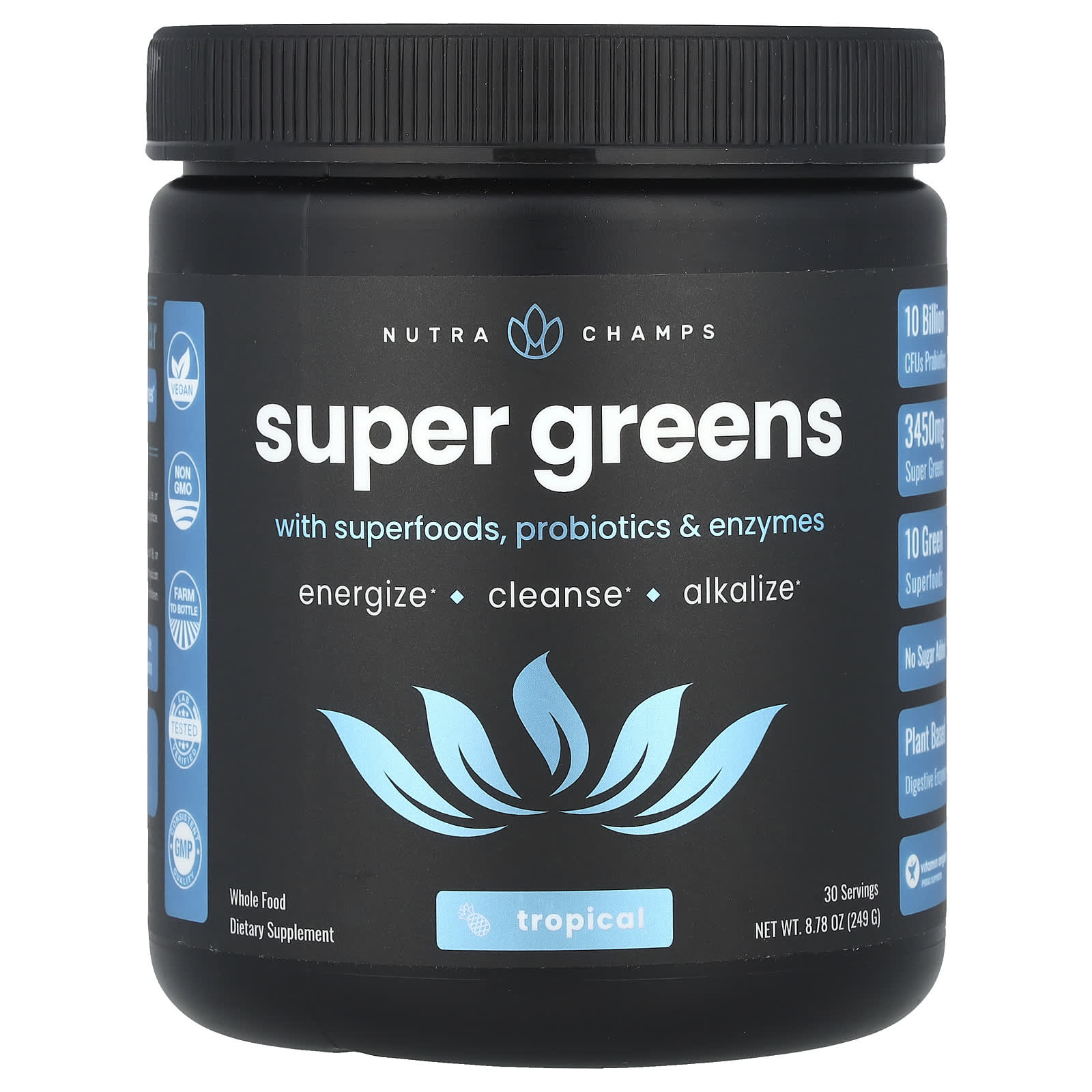 NutraChamps, Super Greens, With Superfoods, Probiotics & Enzymes, Tropical, 8.87 oz (249 g) - Image 1