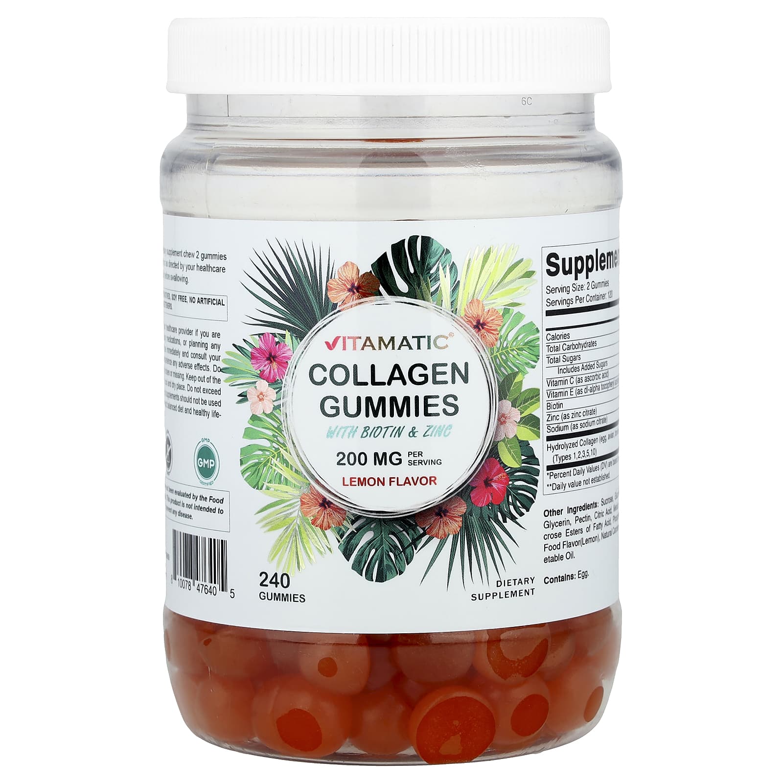 Vitamatic, Collagen Gummies with Biotin & Zinc, Lemon, 240 Gummies - Image 1