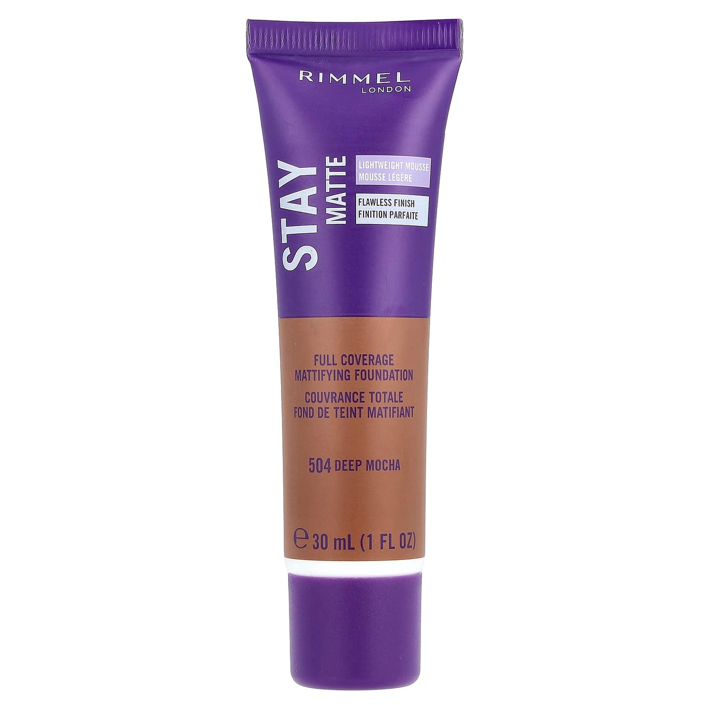 Rimmel London, Stay Matte, Full Coverage Mattifying Foundation, 504 Deep Mocha, 1 fl oz (30 ml) - Image 1