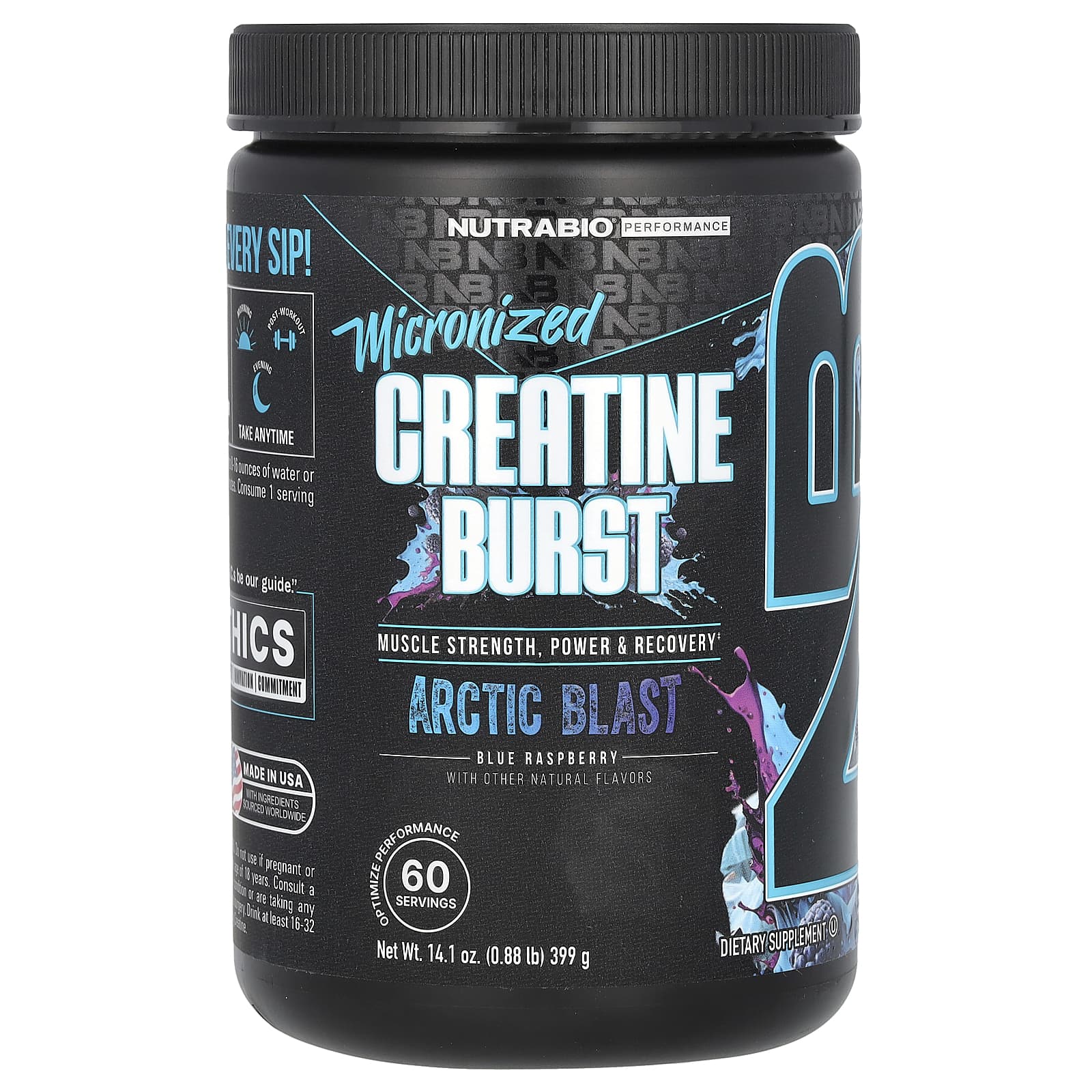 NutraBio, Micronized Creatine Burst, Arctic Blast Blue Raspberry, 0.88 lb (399 g) - Image 1