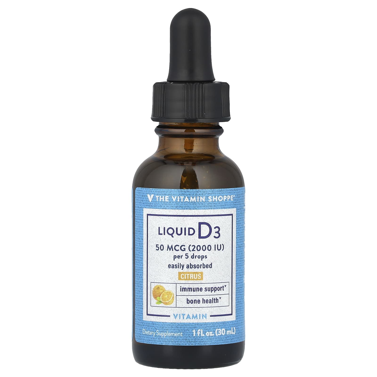 The Vitamin Shoppe, Liquid Vitamin D3, Citrus, 50 mcg (2,000 IU), 1 fl oz (30 ml) - Image 1