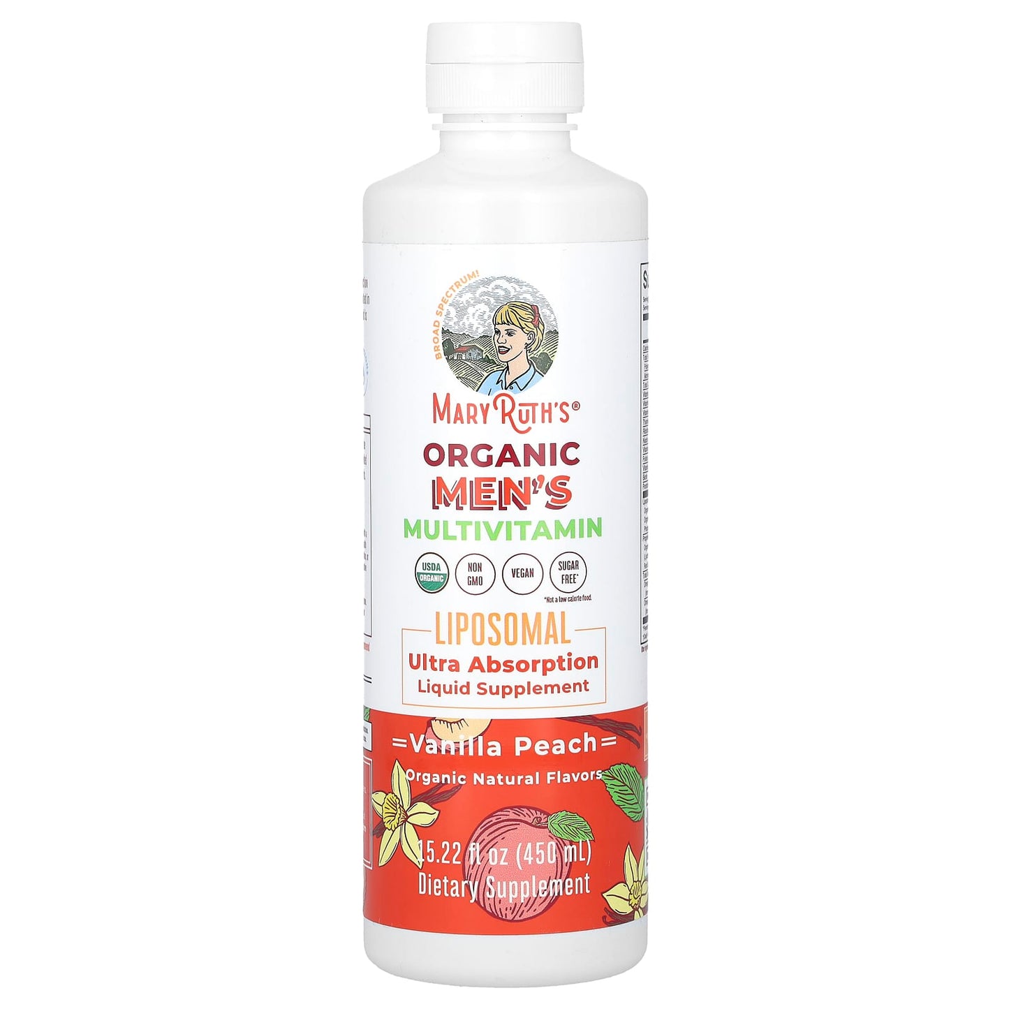 MaryRuth's, Organic Men's Multivitamin Liposomal, Vanilla Peach, 15.22 fl oz (450 ml) - Image 1