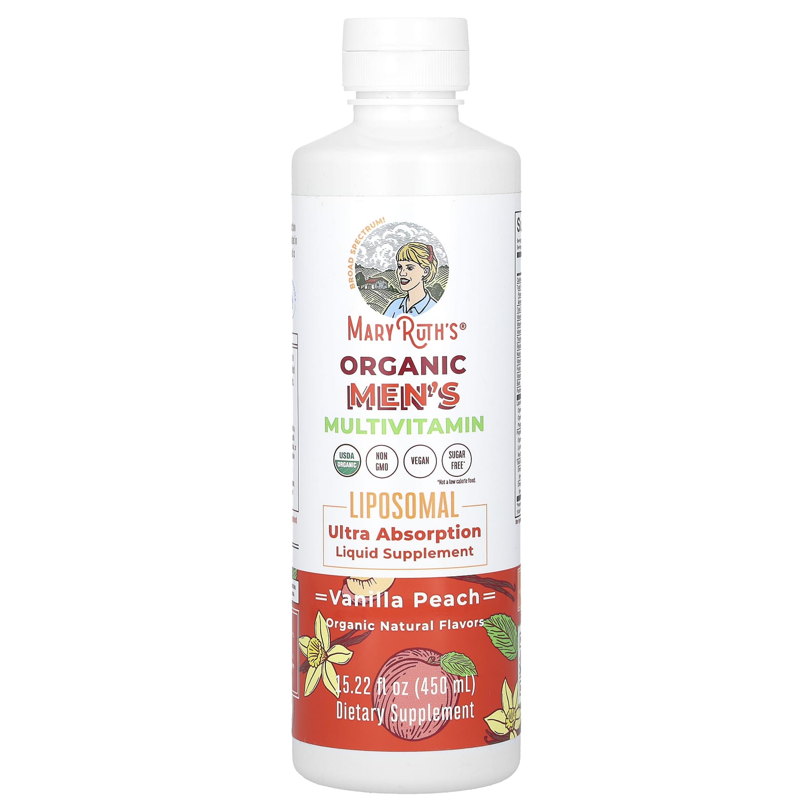 MaryRuth's, Organic Men's Multivitamin Liposomal, Vanilla Peach, 15.22 fl oz (450 ml) - Image 1