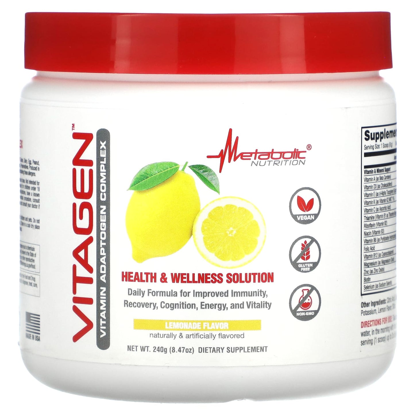 Metabolic Nutrition, VitaGen, Lemonade, 8.47 oz (240 g) - Image 1