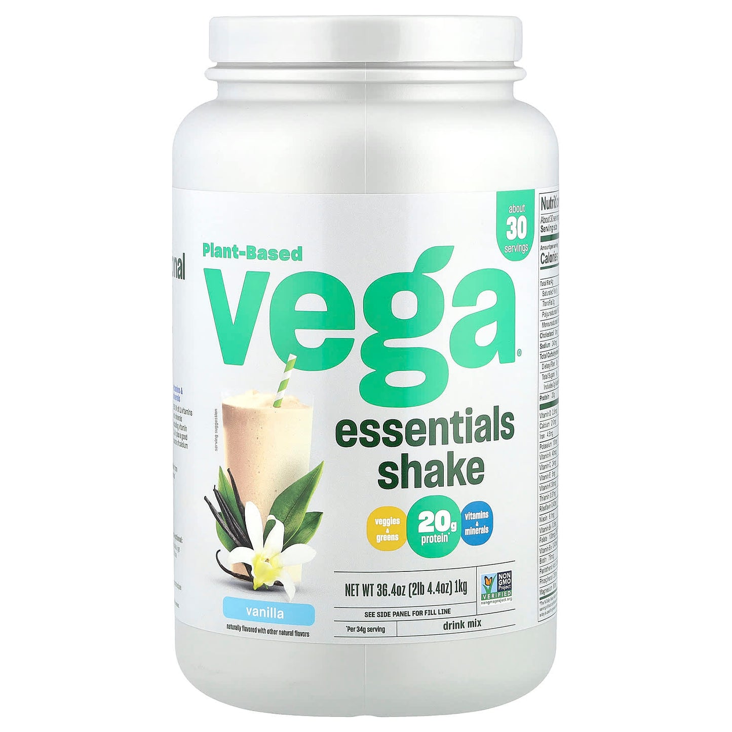 Vega, Plant-Based Essentials Shake, Vanilla, 2 lb 4.4 oz (1 kg) - Image 1