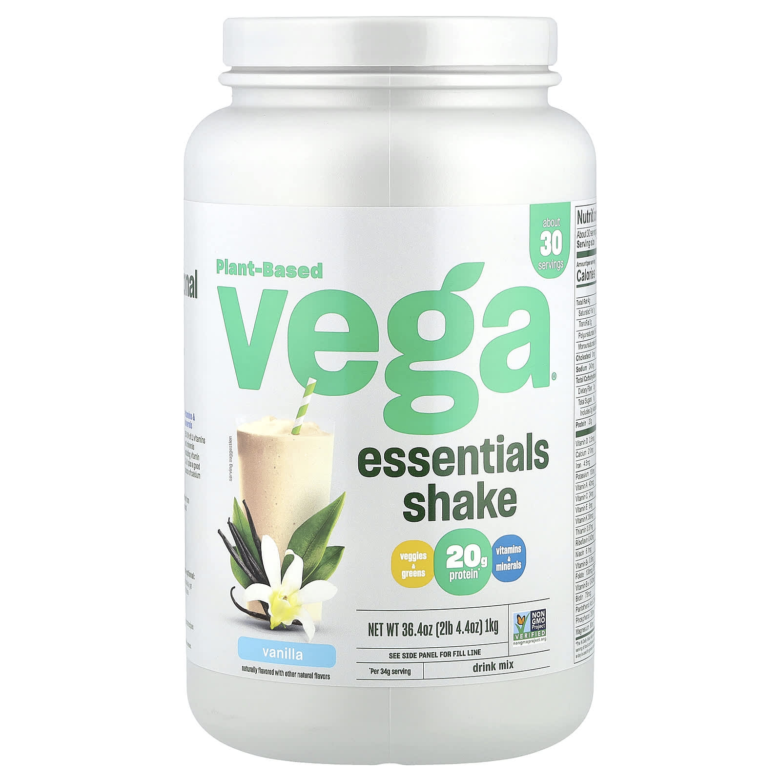 Vega, Plant-Based Essentials Shake, Vanilla, 2 lb 4.4 oz (1 kg) - Image 1