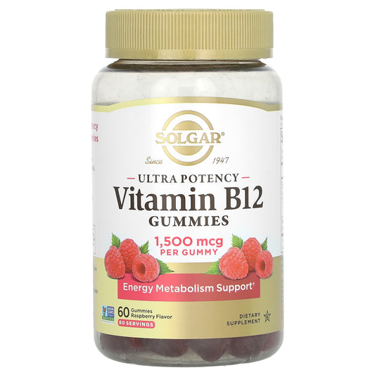 Solgar, Ultra Potency Vitamin B12 Gummies, Raspberry, 1,500 mcg, 60 Gummies - Image 1