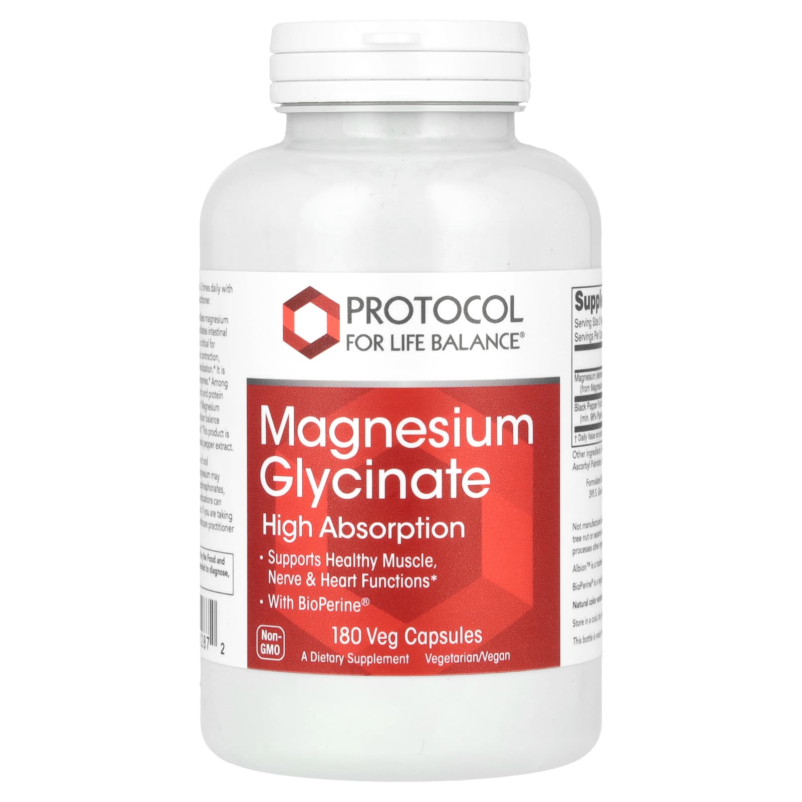 Protocol for Life Balance, Magnesium Glycinate, High Absorption, 180 Veg Capsules - Image 1