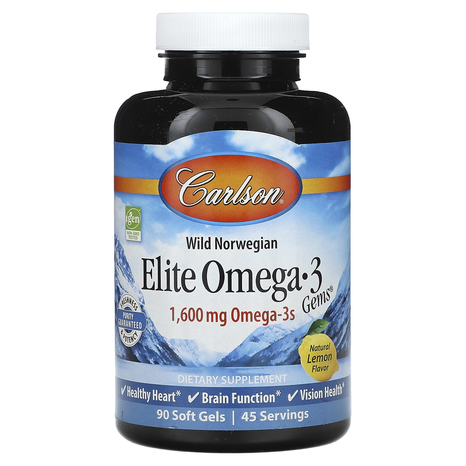 Carlson, Wild Norwegian, Elite Omega-3 Gems®, Natural Lemon, 1,600 mg, 90 Soft Gels (800 mg per Soft Gel)