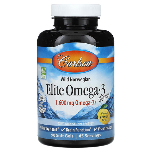 Carlson, Wild Norwegian, Elite Omega-3 Gems®, Natural Lemon, 1,600 mg, 90 Soft Gels (800 mg per Soft Gel)