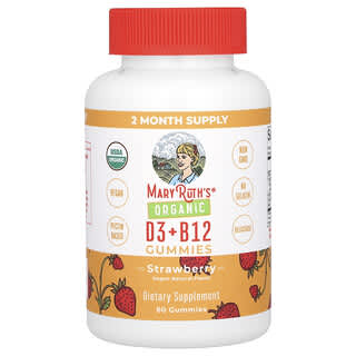 Organic D3 + B12 Gummies by MaryRuth's - Strawberry Flavor, 60 Count