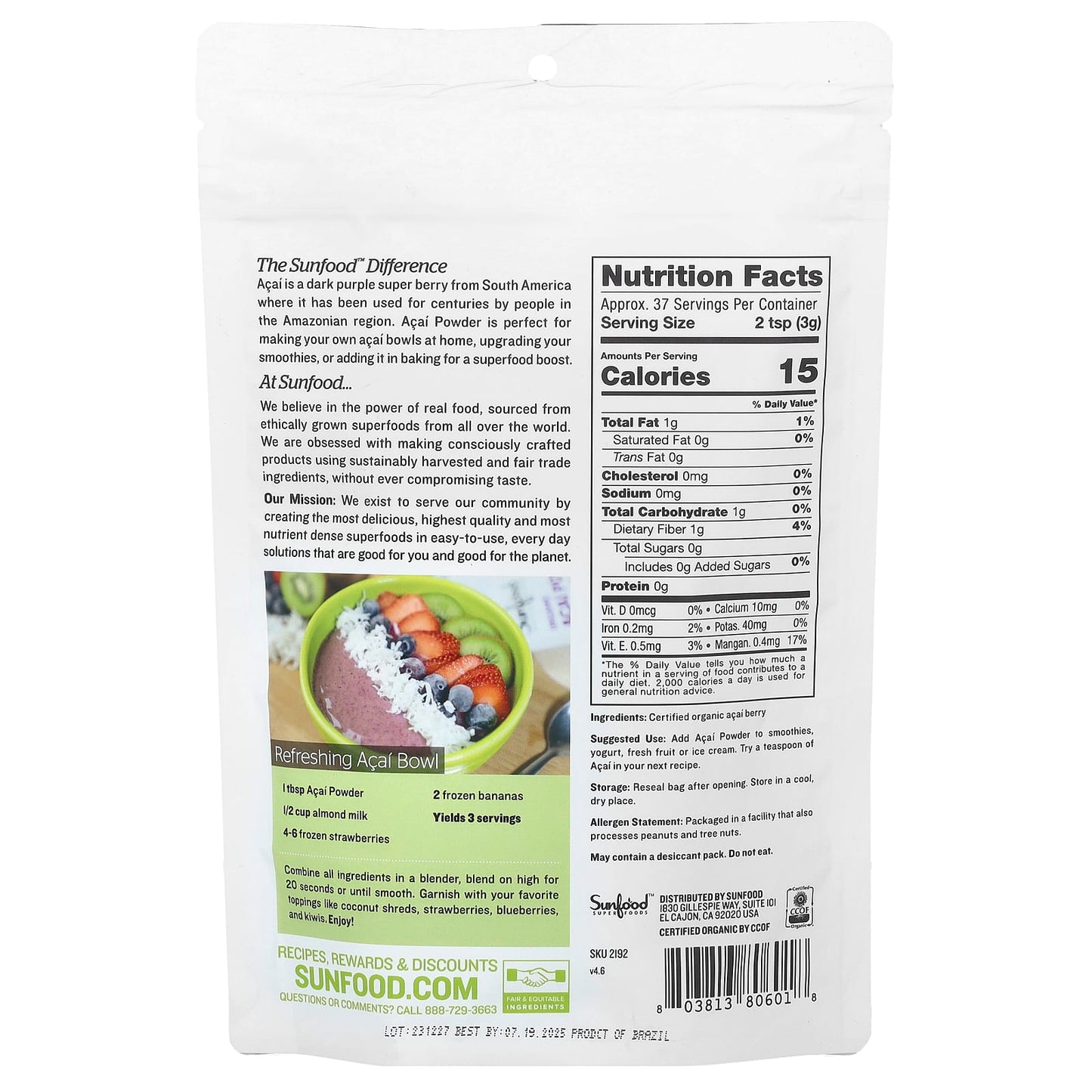 Sunfood, Organic Acai Powder, 4 oz (113 g) - Image 2