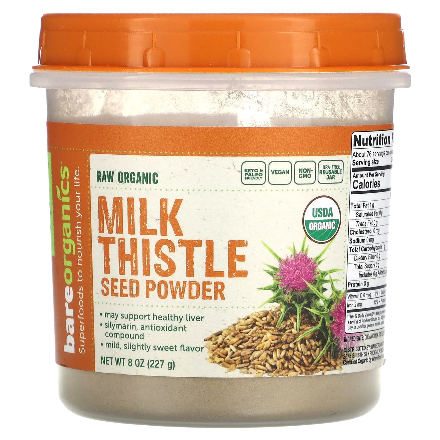 BareOrganics Organic Milk Thistle Seed Powder, 8 oz - Keto & Paleo Friendly - Image 1