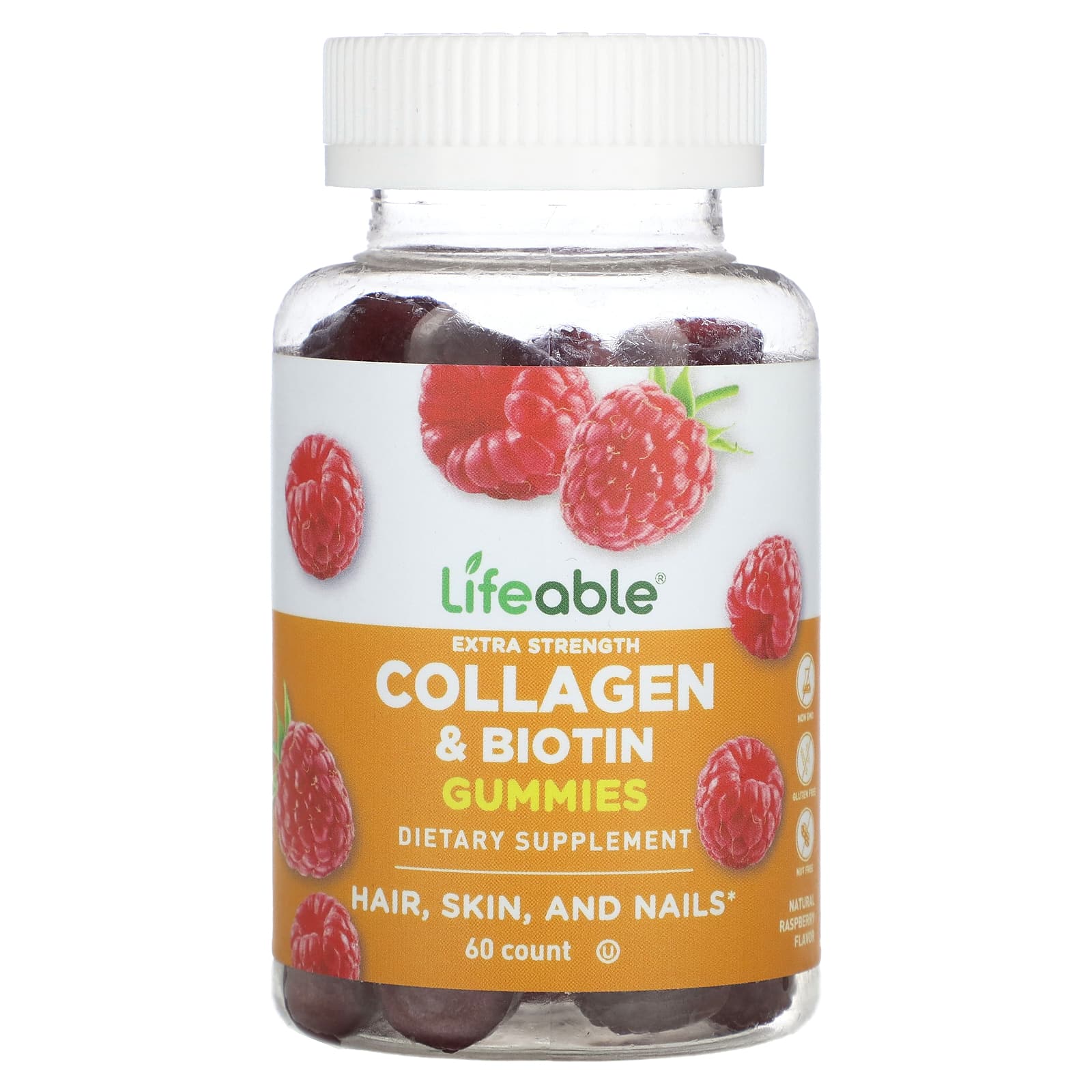 Lifeable, Extra Strength Collagen & Biotin Gummies, Natural Raspberry, 60 Gummies - Image 1