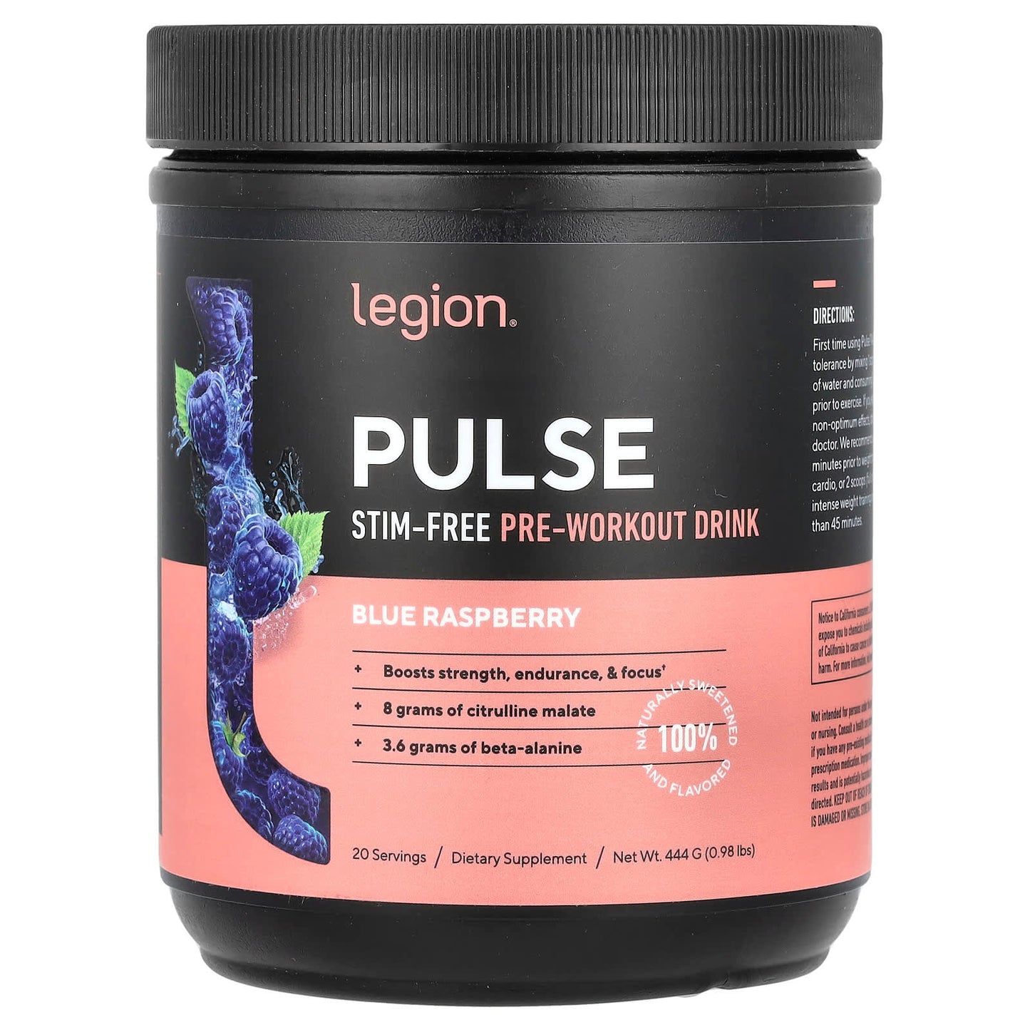 Legion Athletics, Pulse, Stim-Free Pre-Workout Drink, Blue Raspberry, 0.98 lbs (444 g) - Image 1