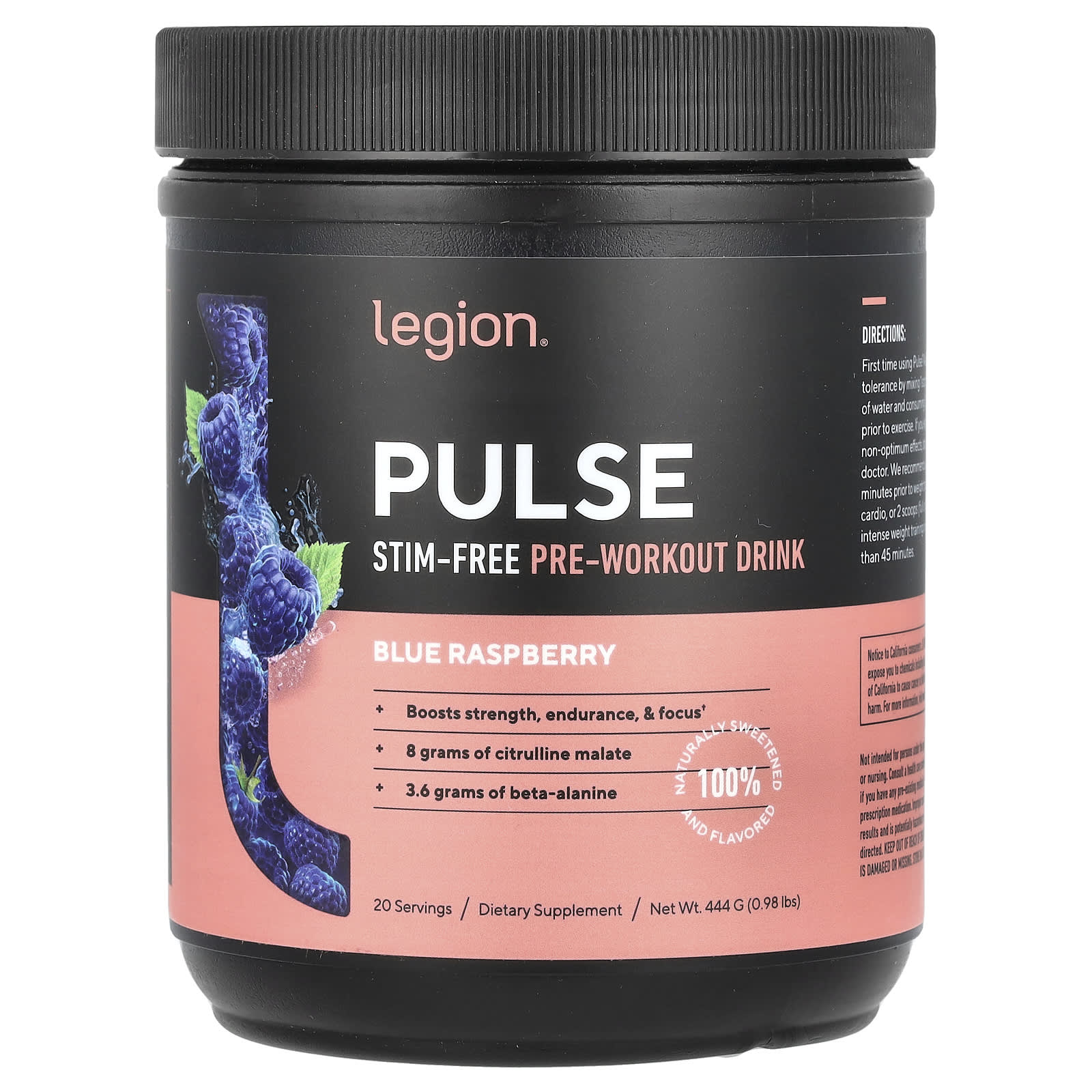 Legion Athletics, Pulse, Stim-Free Pre-Workout Drink, Blue Raspberry, 0.98 lbs (444 g) - Image 1